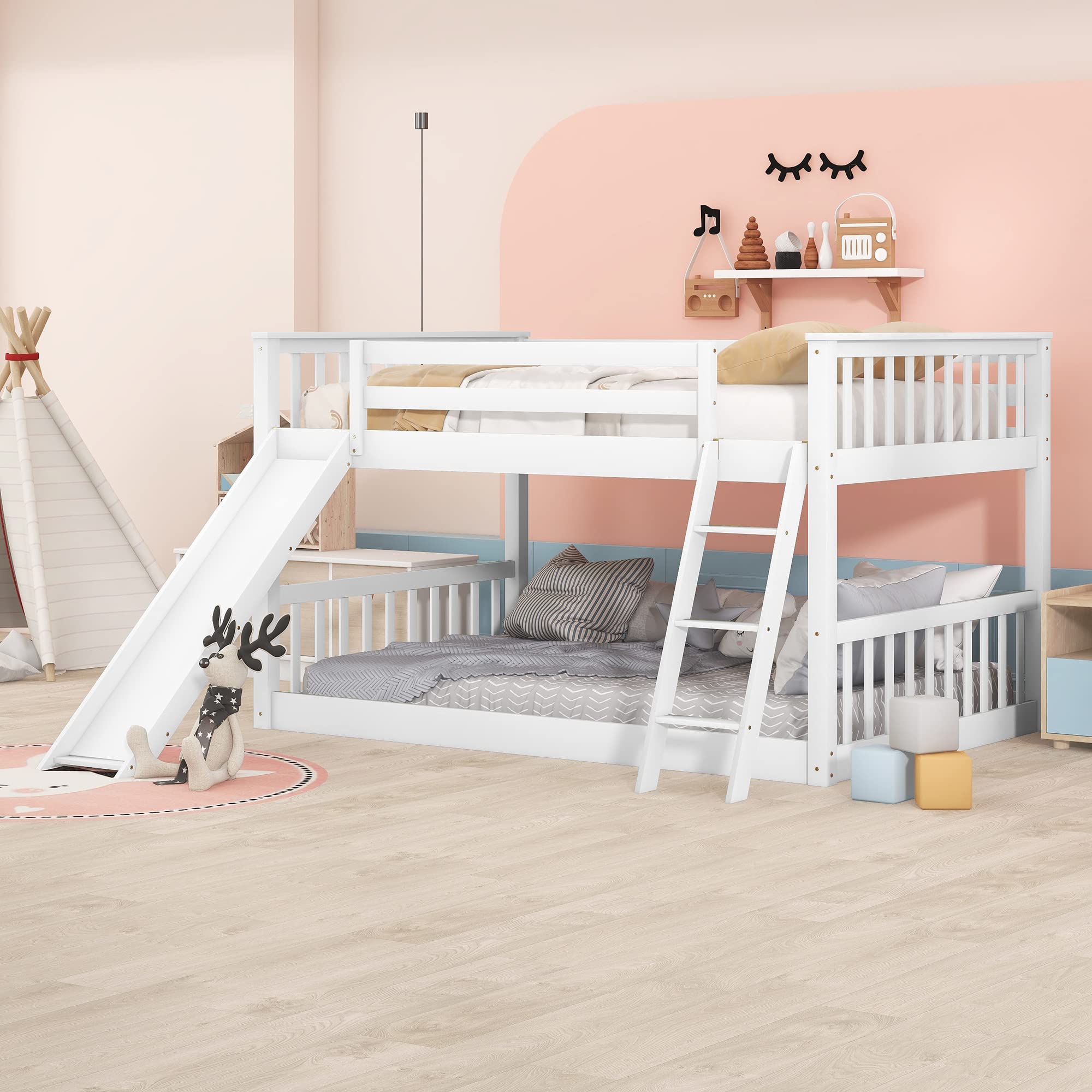 Full Over Full Low Bunk Beds with Slide for Kids - Sturdy Wood Bunk Bed Frame for Boys, Girls & Teens - Perfect for Bedroom, Dorm or Playroom - White