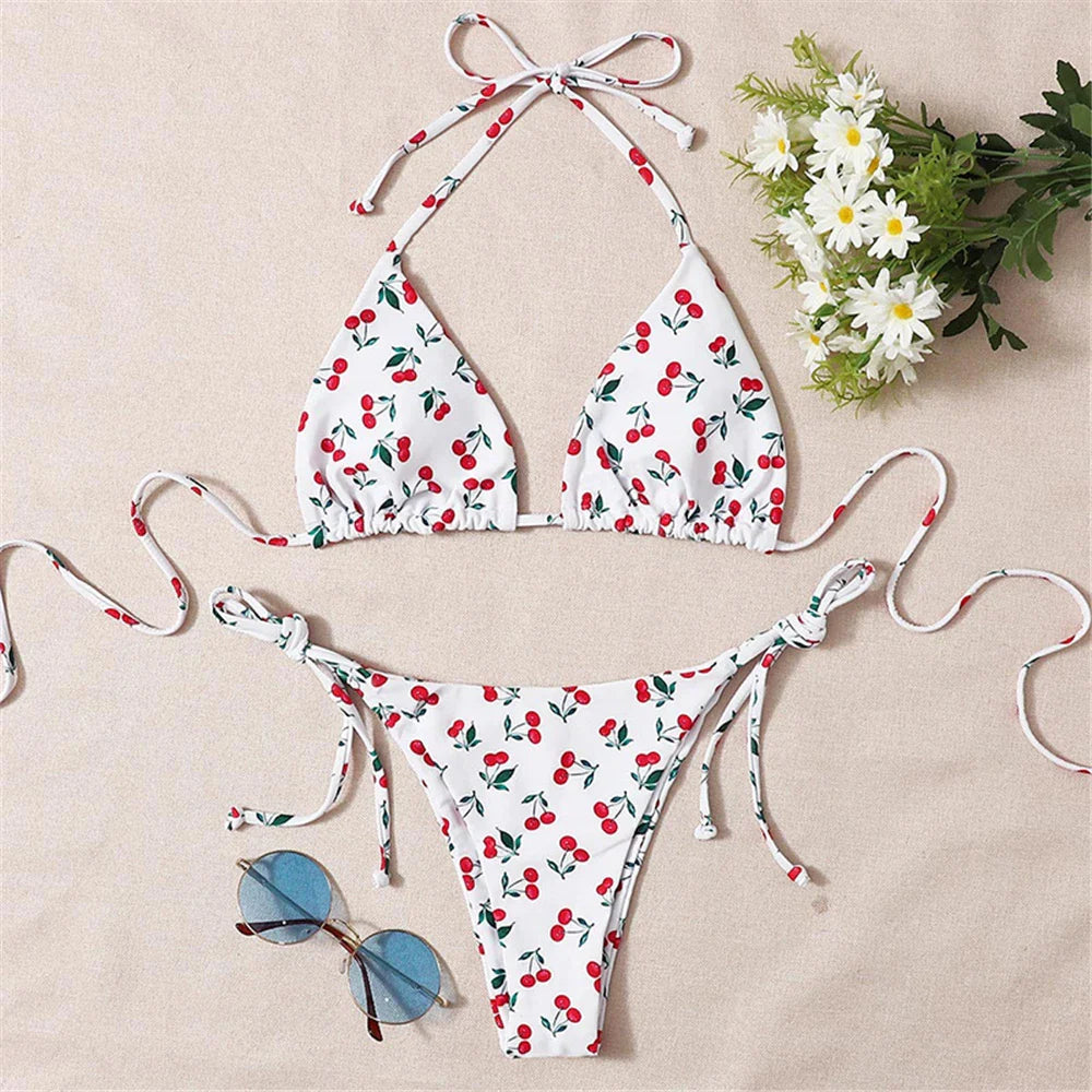 Sexy Halter Triangle Bikini Set - Women's Patent Leather Glitter Swimsuit with G-String & Side Lace Up Design | Perfect for Summer Beach Vacation, Pool Party & Tropical Getaway