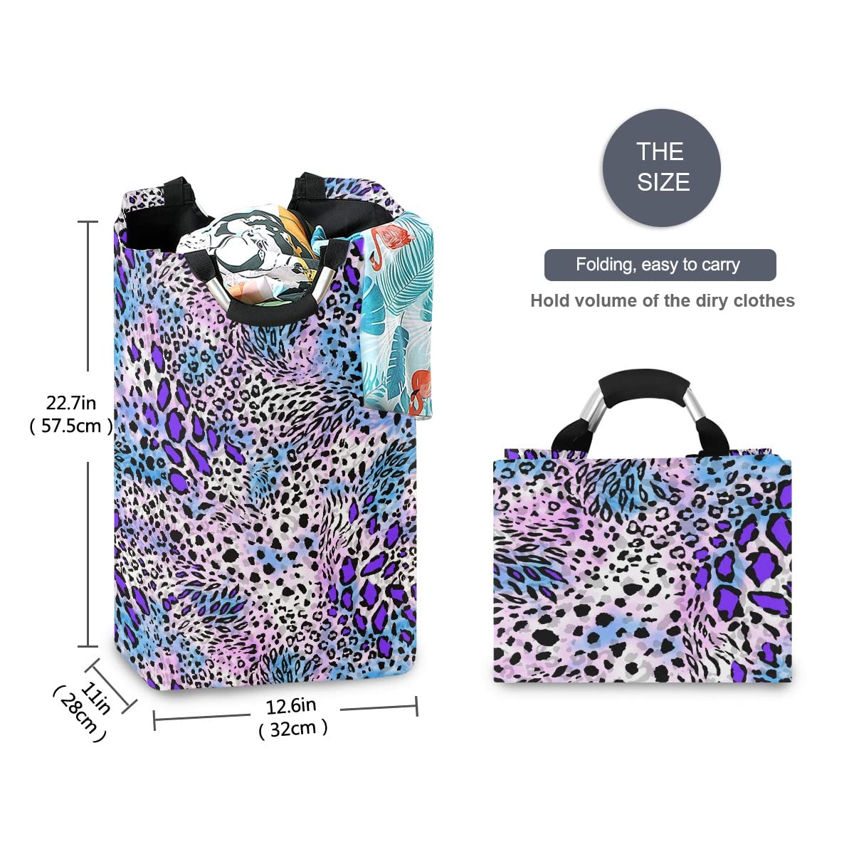 Foldable Leopard Print Laundry Bag with Handles - Collapsible Purple Laundry Hamper Basket for Bathroom Storage & Laundry Room Organization | Perfect for College Dorms, Travel & Home Decor