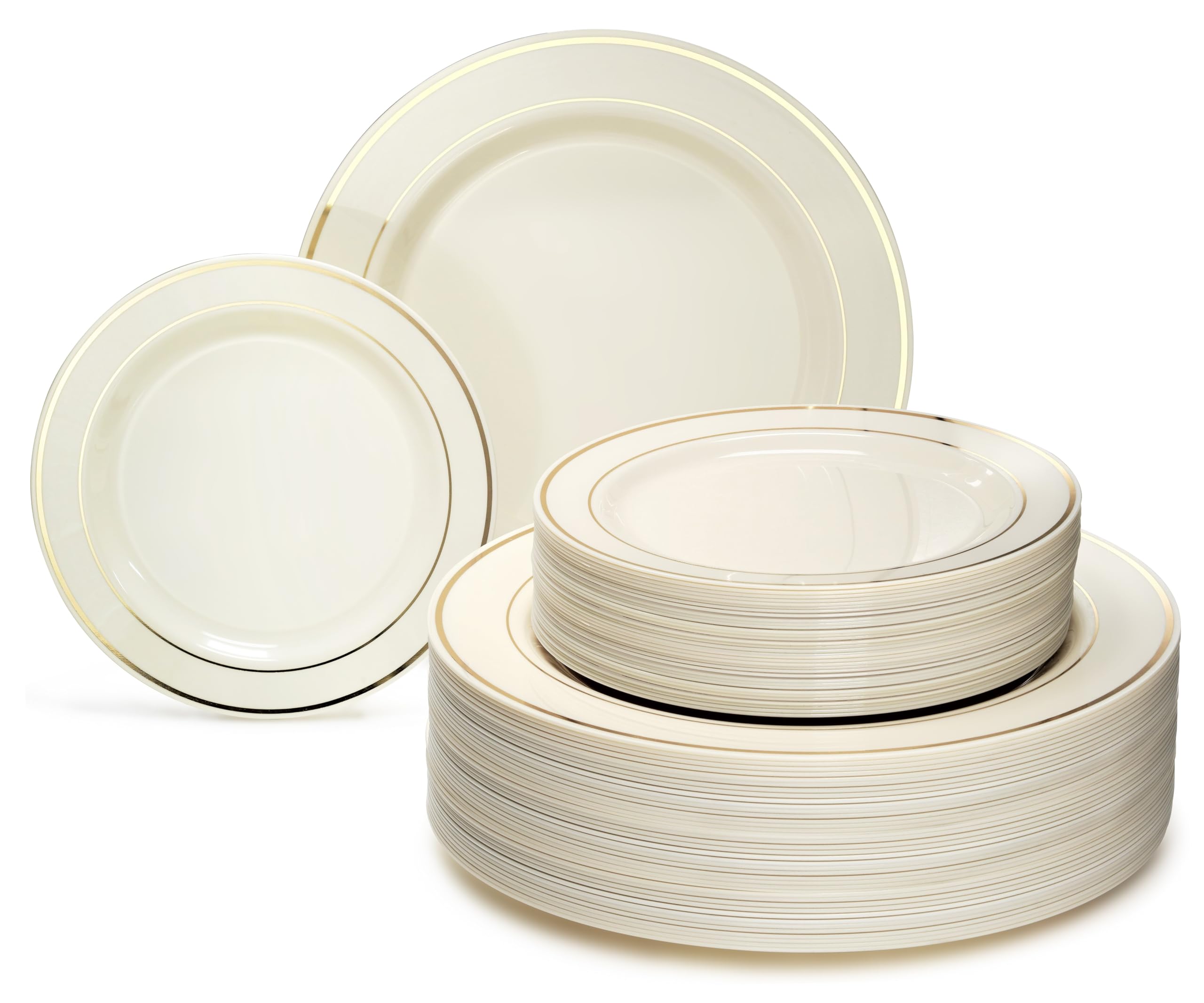 40-Pack Heavyweight Disposable Plastic Plates for Weddings & Parties - 7.5'' Ivory Appetizer/Dessert Plates with Elegant Gold Rim | Perfect for Bridal Showers, Birthday Celebrations & Formal Events