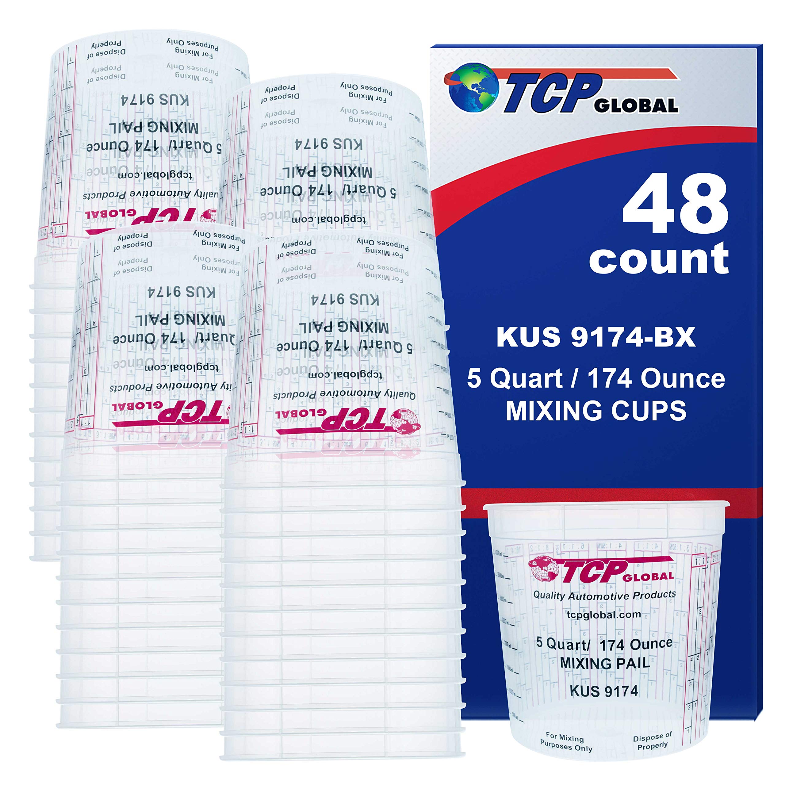Custom Shop Paint Mixing Cups - 174oz (5-Quart) Plastic Measuring Buckets for Epoxy Resin, Automotive Painting & Crafts - Disposable/Reusable Graduated Cups with Mixing Ratios - Pack of 48 - Perfect for DIY Projects, Art Studios & Professional Auto Shops