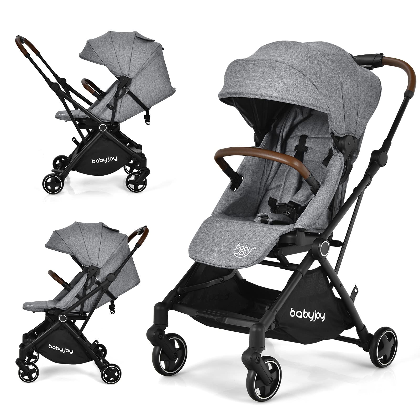 Baby Joy Foldable Lightweight Stroller for Newborns & Infants - Reversible Seat, Adjustable Canopy, 5-Point Safety Harness, Shock-Absorbing Wheels & Storage Basket (Gray) - Perfect for Park Walks, Shopping & Travel