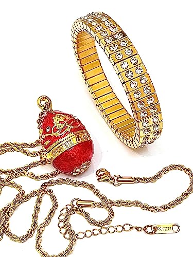 Handmade Designer Red Faberge Egg Pendant Necklace & Bracelet Set - 14K Gold Plated Jewelry with Austrian Crystals - Elegant Christmas Gift for Women, Birthday Present, Anniversary, Special Occasion Jewelry