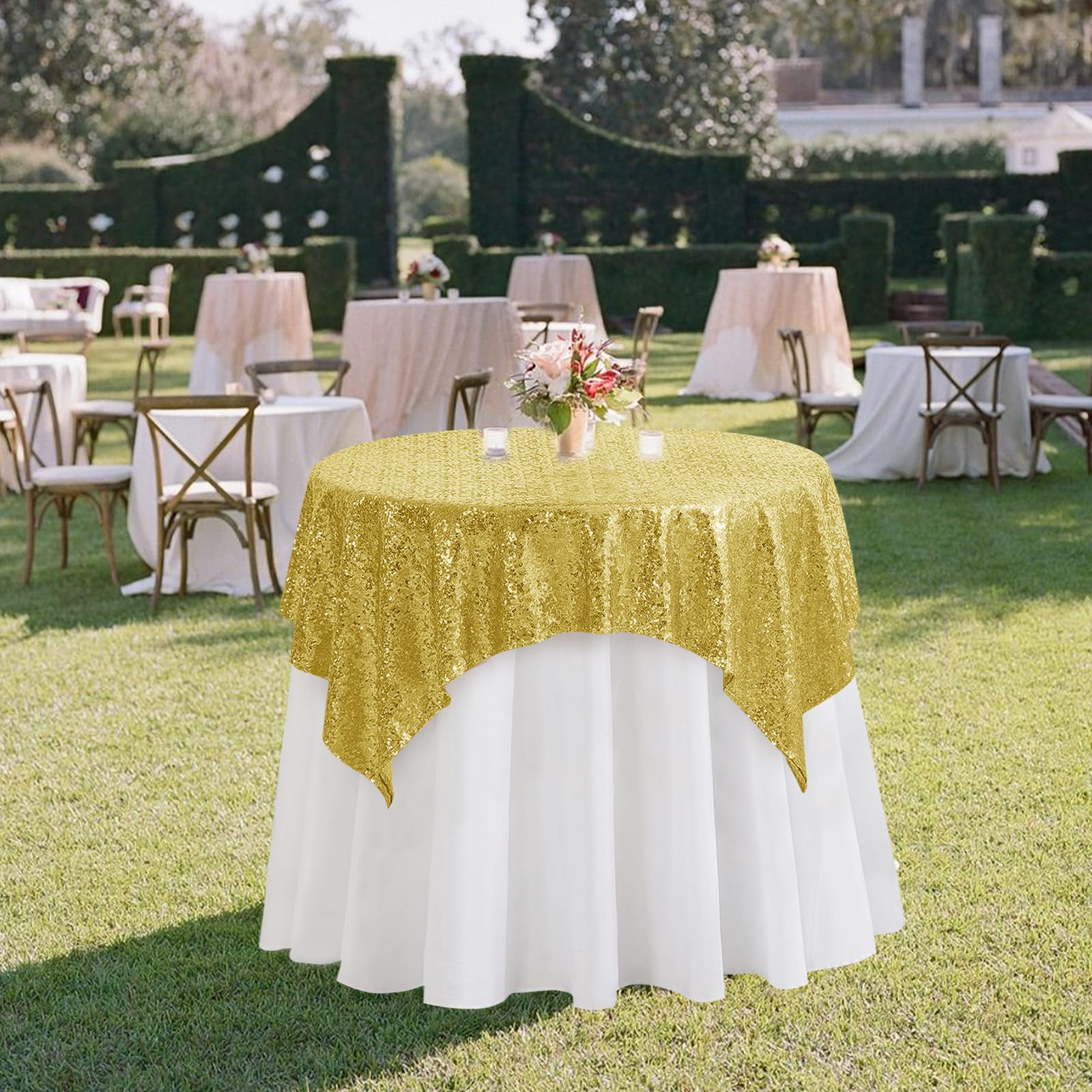 50x50 Inch Square Gold Sequin Tablecloth - Sparkling Seamless Glitter Party Table Cover, Elegant Shiny Table Overlay for Wedding, Birthday, Prom & Special Event Decorations | Perfect for Banquet, Reception, and Celebration Table Settings