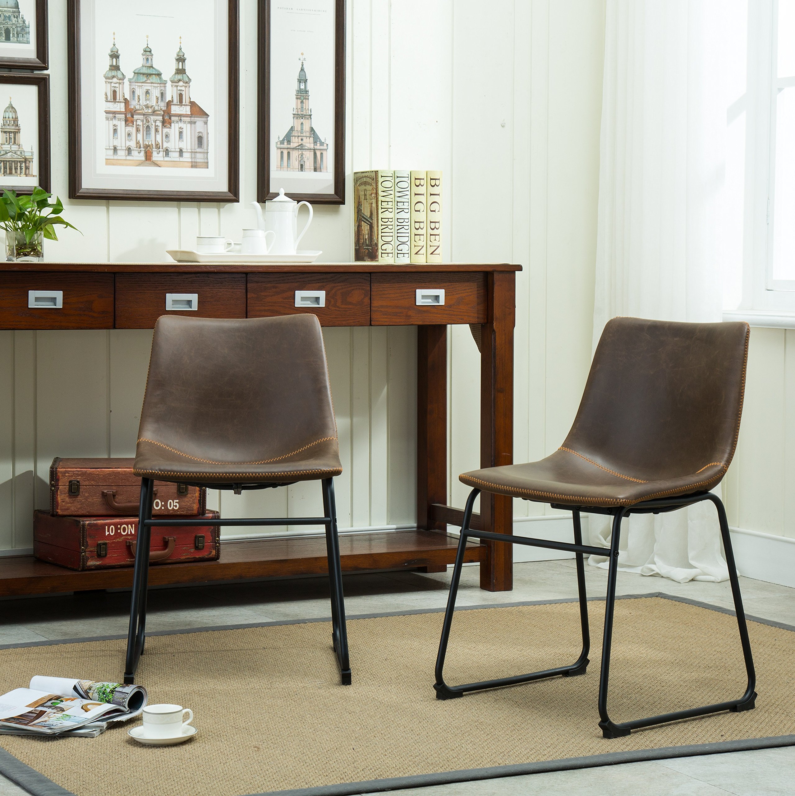 Roundhill Furniture Lotusville PU Leather Dining Chairs Set of 2 - Brown Modern Kitchen Chairs for Dining Room, Breakfast Nook & Small Spaces