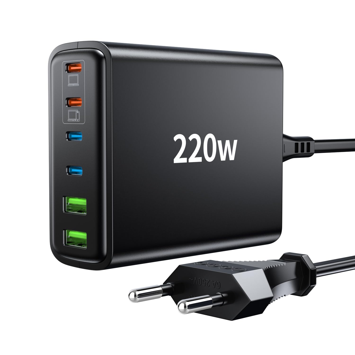 220W 6-Port USB C Fast Charger with PD & QC - 4 USB-C + 2 USB-A Multi Port Charging Station for iPhone, Samsung, iPad, Pixel & More | Perfect for Home, Office & Travel | Black