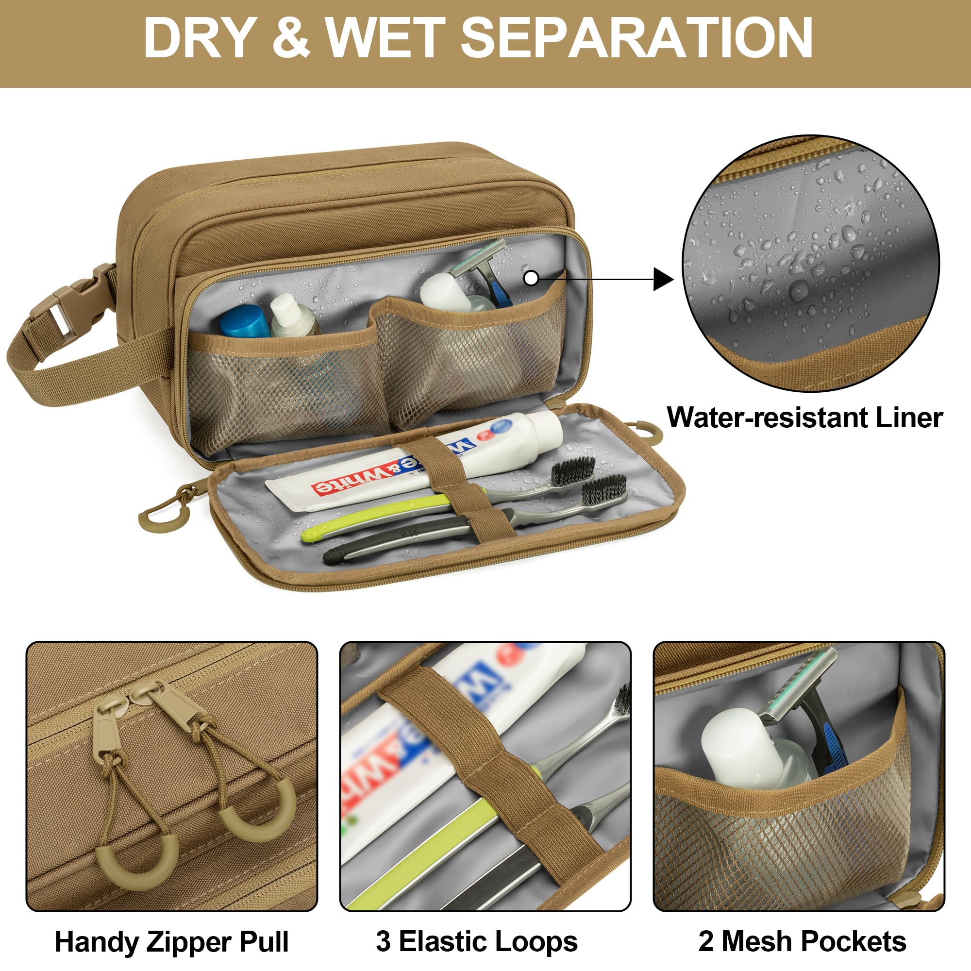 Tactical Toiletry Travel Bag for Men - Waterproof Dopp Kit & Shaving Organizer Case | Compact Grooming & Shower Essentials Storage | Durable Khaki Design (Empty Bag Only) - Perfect for Camping, Gym & Business Travel Accessories