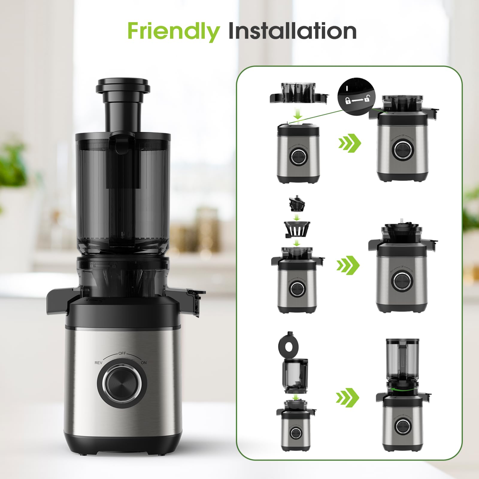 Premium Cold Press Juicer Machine - Slow Masticating Juicer for Whole Fruits & Vegetables, High Juice Yield Extractor, BPA-Free, Quiet Operation - Perfect for Healthy Juicing, Detox, and Raw Food Diets at Home