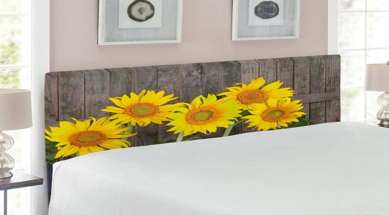 Ambesonne Sunflower Headboard - King Size Upholstered Metal Bed Frame with Memory Foam | Vintage Helianthus Sunflowers & Weathered Fence Summer Garden Design in Brown, Yellow & Green | Perfect for Farmhouse, Cottage & Boho Bedroom Decor