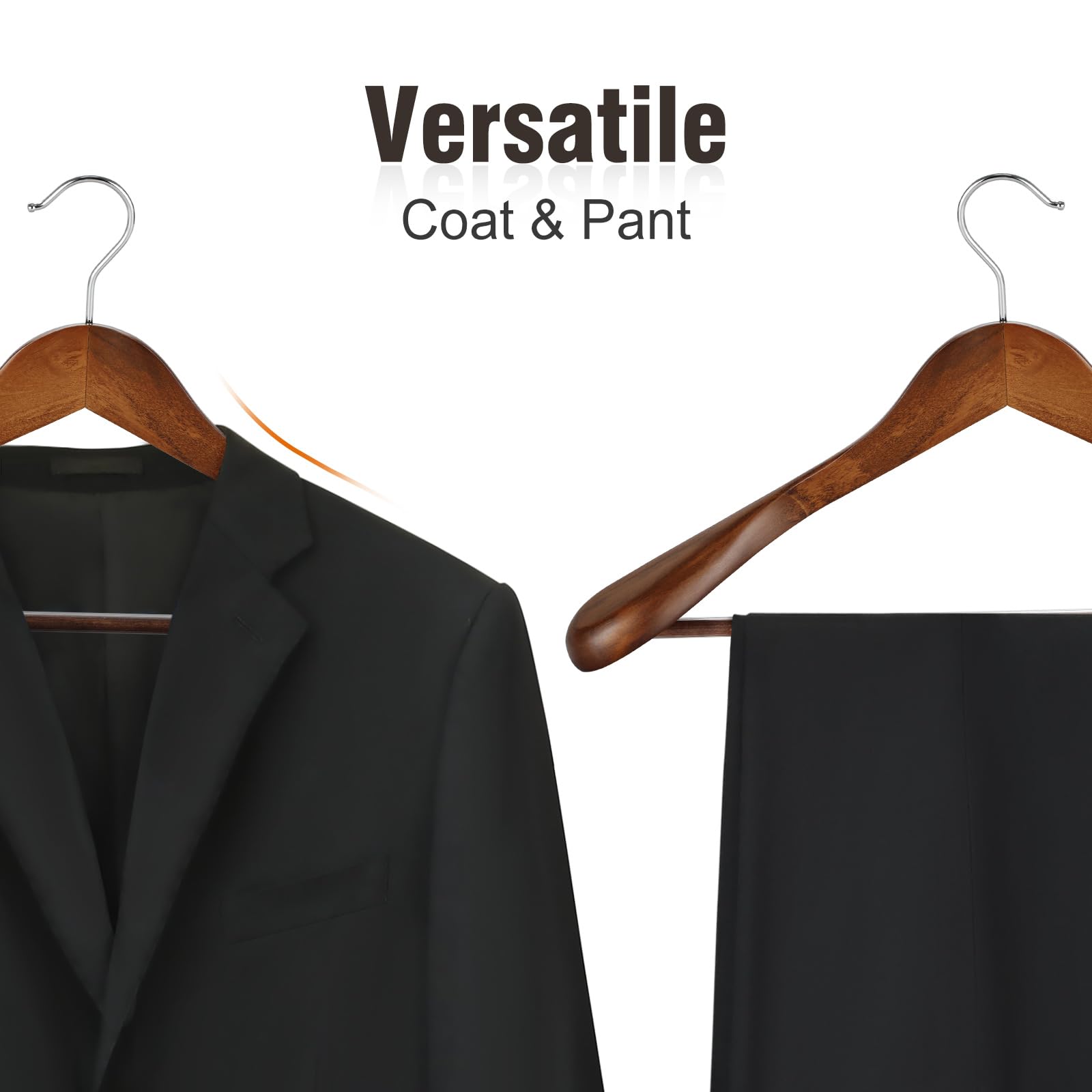 Premium Solid Wood Wide Shoulder Hangers - Non-Slip Pants Bar & 360° Swivel Hook - Heavy Duty Suit & Coat Hangers (6 Pack, Walnut) - Perfect for Closet Organization & Luxury Garment Storage