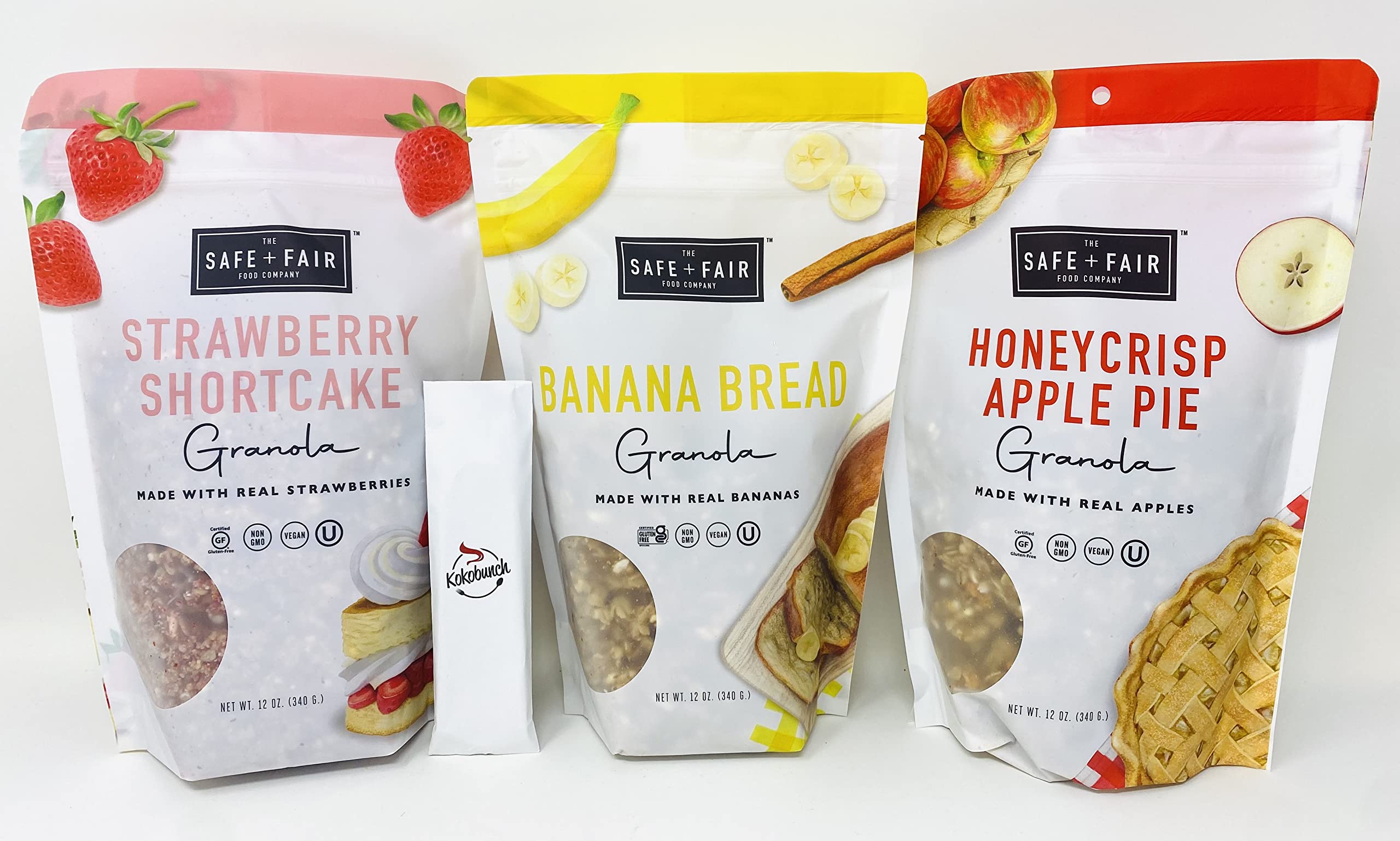Safe + Fair Food Company Variety Bundle - Strawberry Shortcake, Banana Bread & Honeycrisp Apple Pie Granola (12oz) | Healthy Breakfast Snacks for Kids, Office & Travel | Gluten-Free, Non-GMO