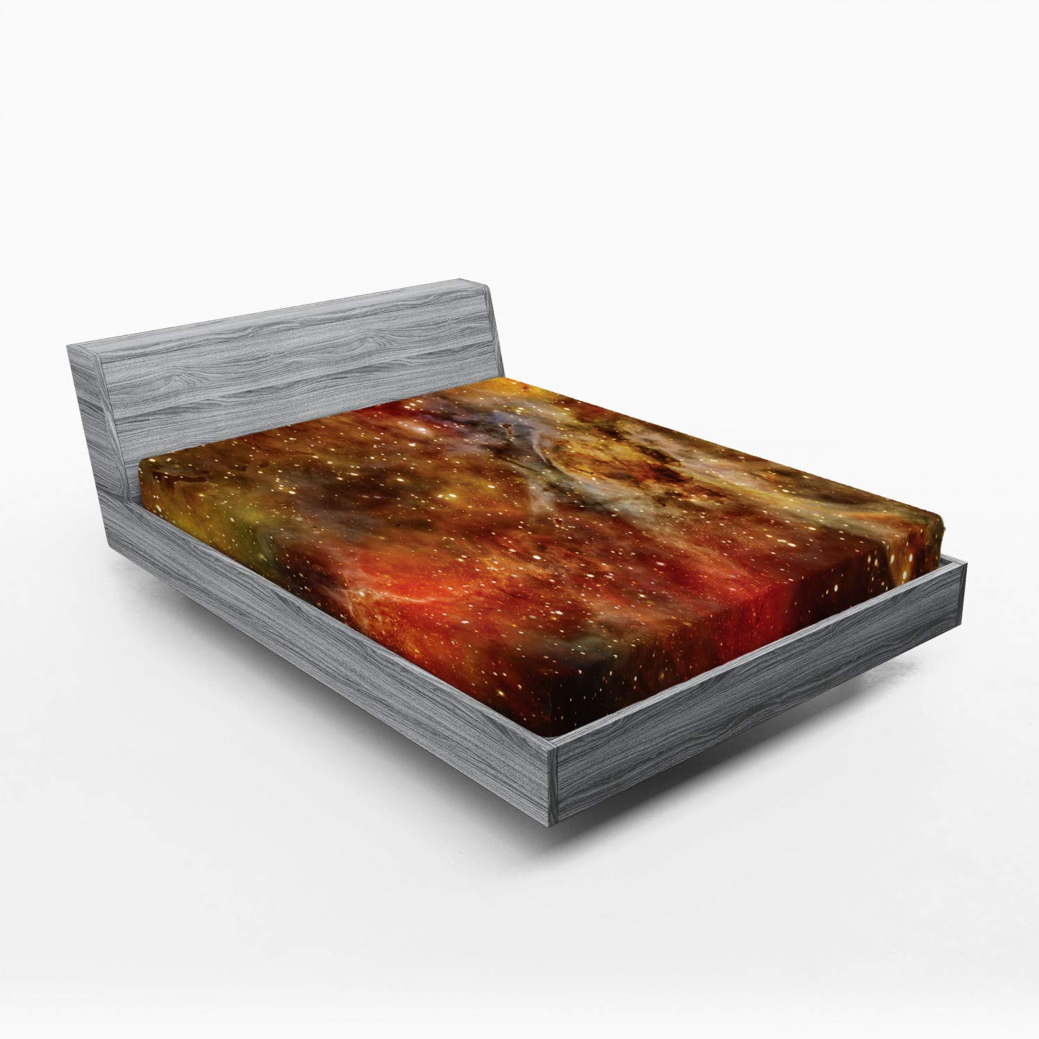 Lunarable Outer Space Fitted Sheet - Queen Size Galaxy Print Bedding with Deep Pocket, Black Orange Yellow Nebula Star Cluster Design | Perfect for Astronomy Lovers, Kids' Room Decor & Space Themed Bedrooms