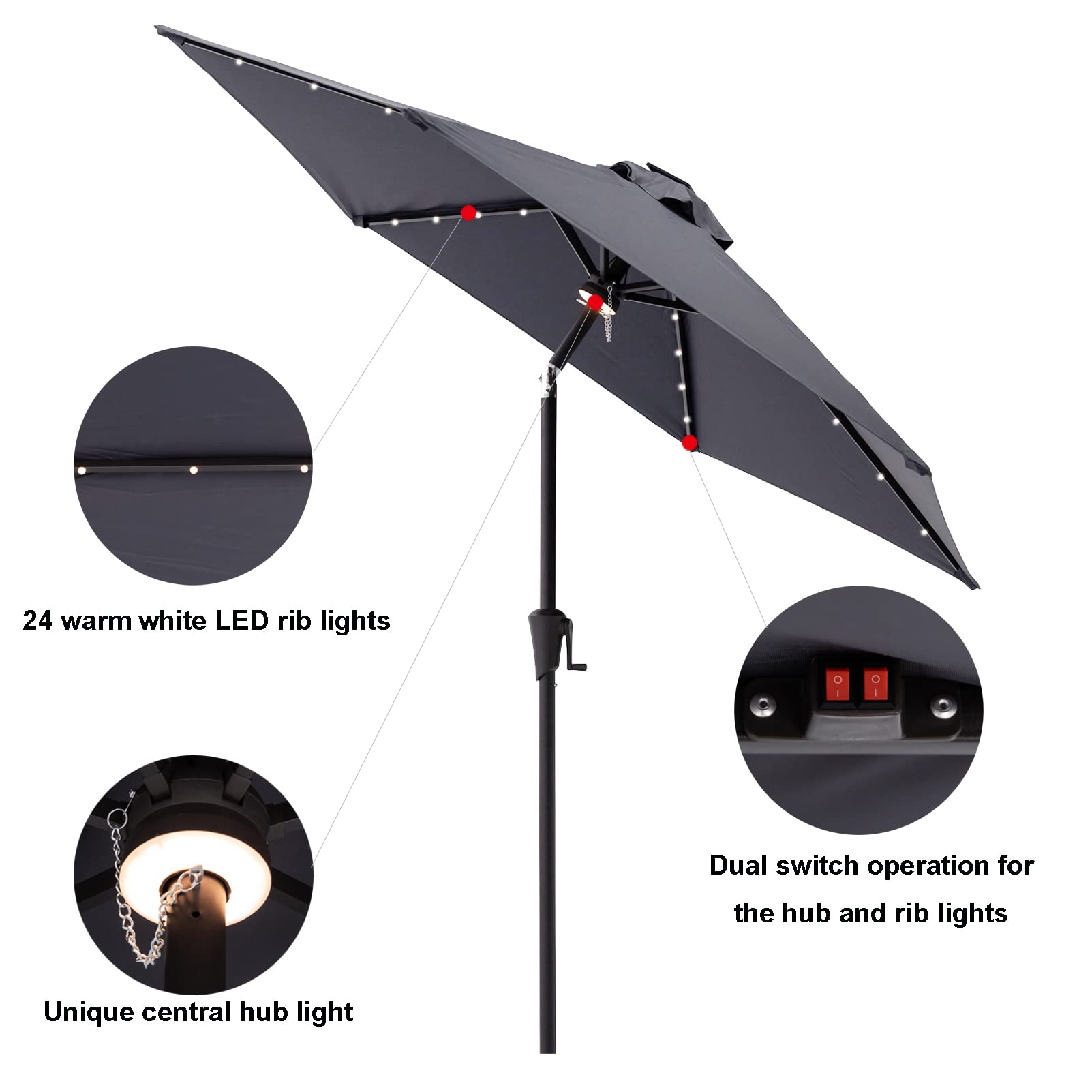 C-Hopetree 7.5 ft Solar LED Patio Umbrella with Tilt Function - Waterproof Outdoor Market Umbrella for Garden, Poolside, and Backyard Relaxation