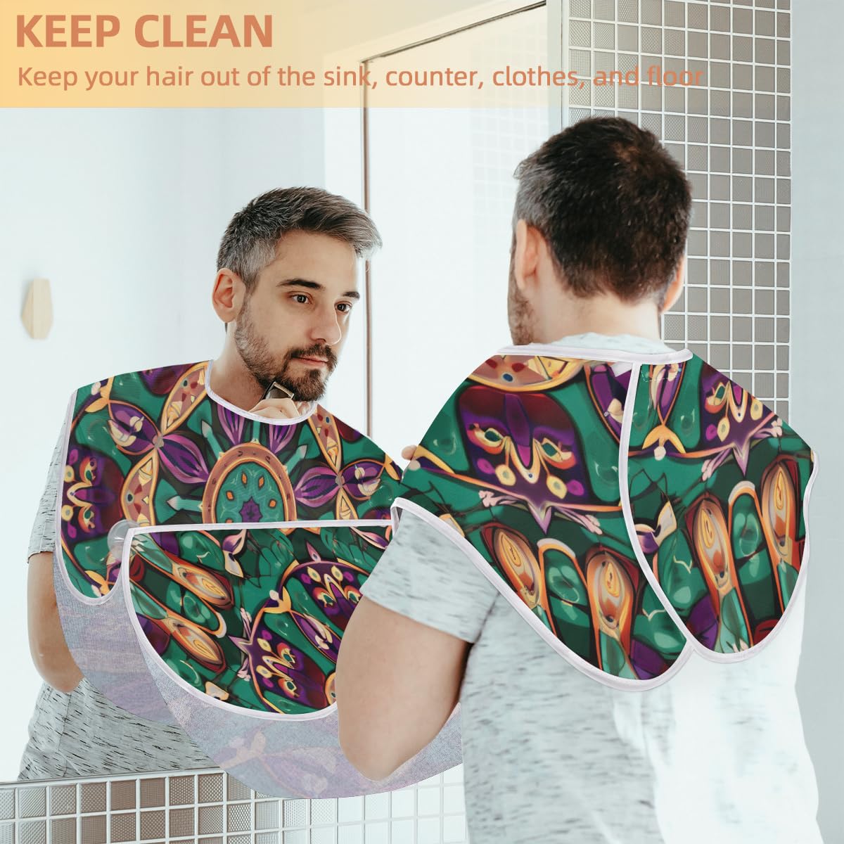 Geometric Mandala Beard Shaving Bib for Men - Waterproof Hair Dye Apron & Barber Cape for Haircut, Beard Trimming & Makeup - Sink Hair Catcher & Styling Tool - Perfect for Home Grooming & Salon Use