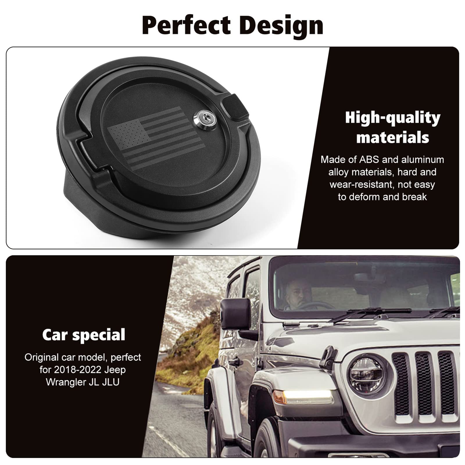 Jeep Wrangler JL JLU 2018-2024 Locking Gas Cap Cover with US Flag Design - Secure Fuel Filler Door Accessories for Off-Roading & Daily Driving