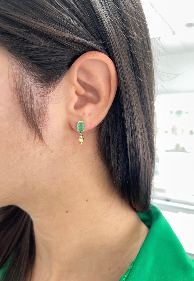 1.80tcw 14K Gold Natural Emerald Tuba Sea Shell Dangle Earrings for Women - Elegant Bohemian Beach Jewelry for Party, Wedding & Vacation Accessories