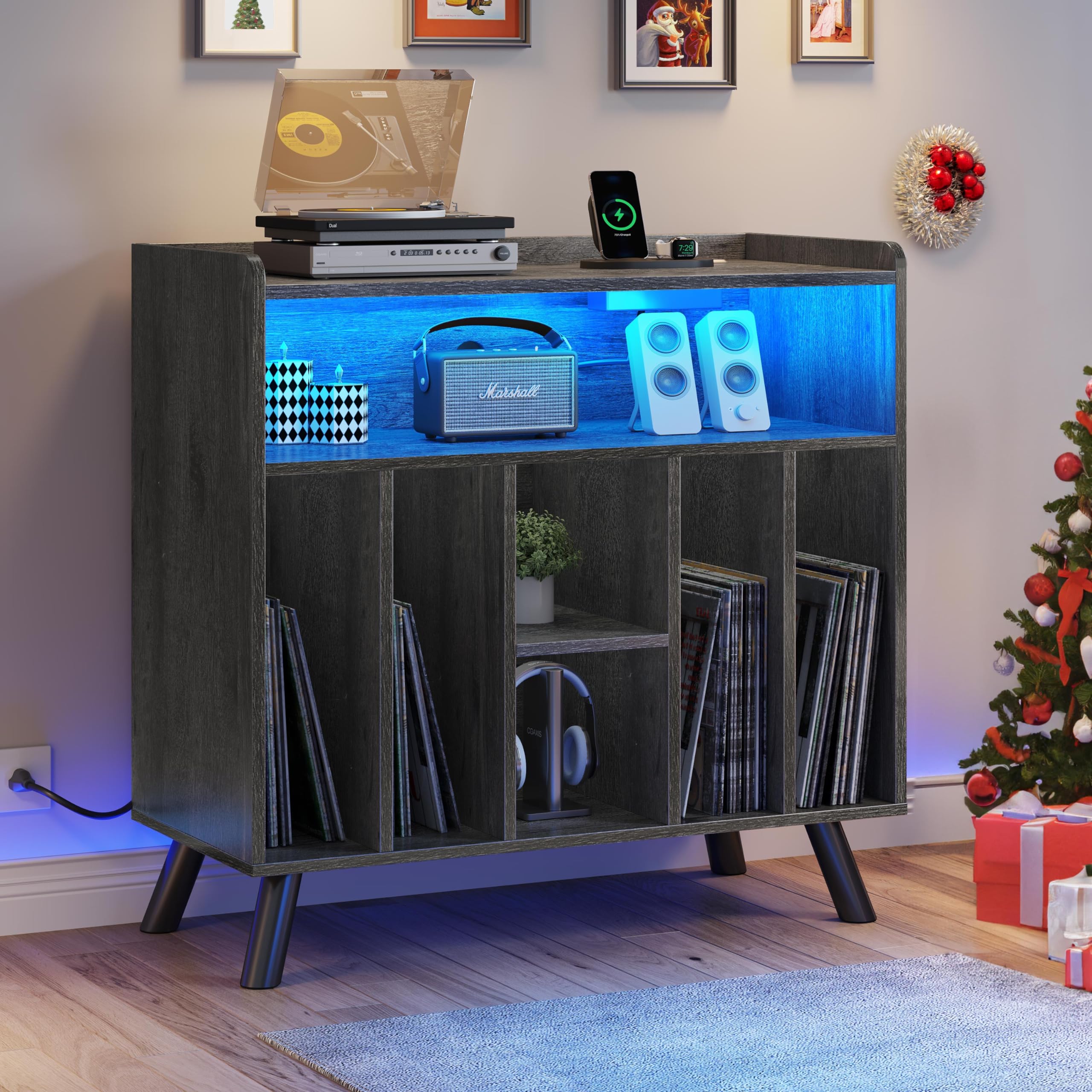 YITAHOME Vinyl Record Player Stand with Power Outlets & LED Lights - Holds 130+ Albums, Storage Shelf for Turntable & Records - Sturdy Solid Legs for Living Room, Bedroom - Perfect for Music Lovers & Home Decor (Grey)