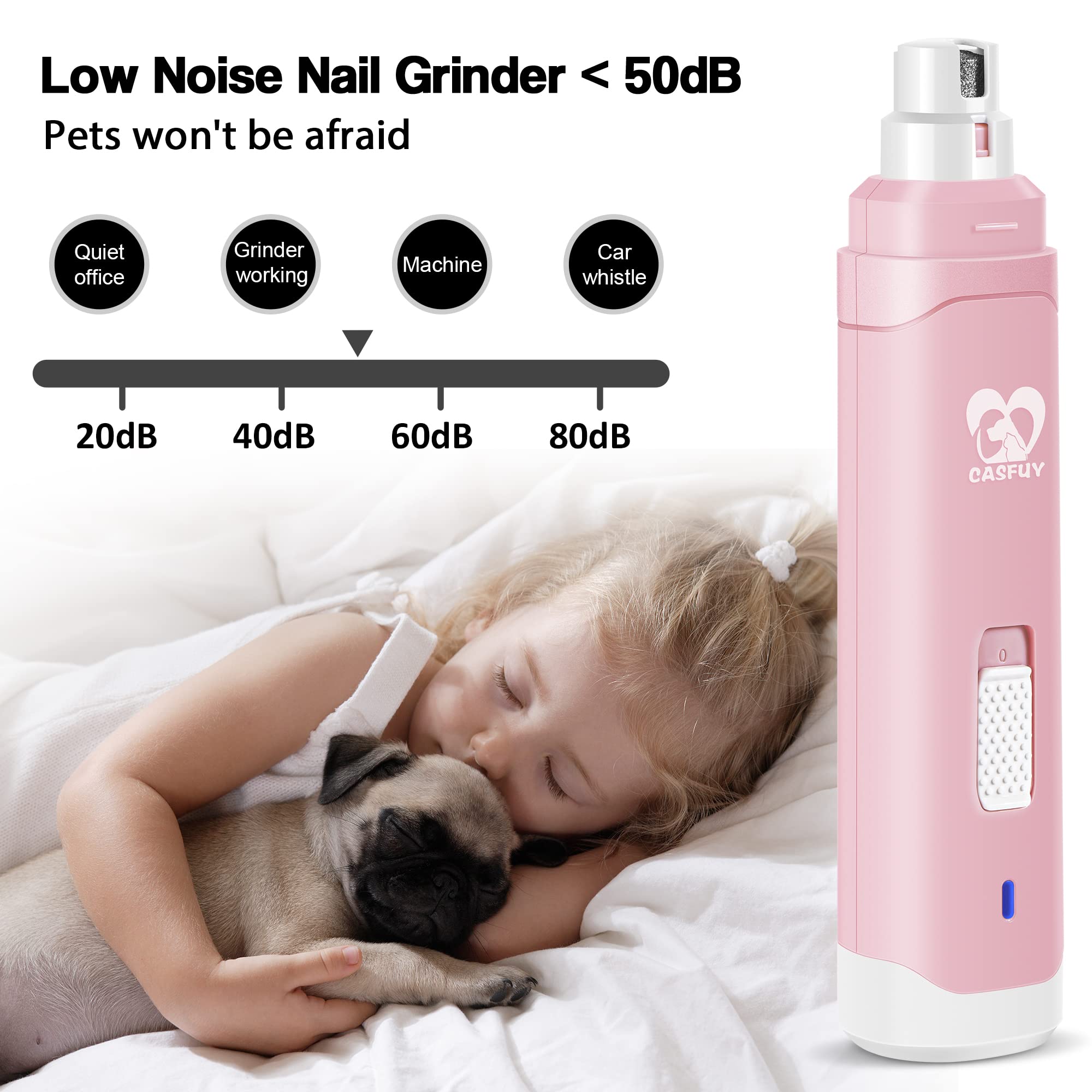 Casfuy Upgraded Dog Nail Grinder - Professional 2-Speed Electric Pet Nail Trimmer, Rechargeable & Painless for Small to Large Dogs & Cats | Safe Paws Grooming & Smoothing Tool for Home Pet Care