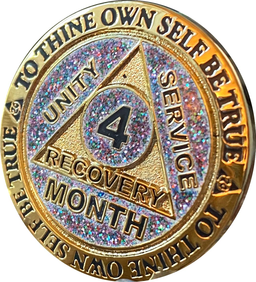 4 Month AA Medallion - Gold Sobriety Chip with Funfetti Glitter Design for Recovery Milestones | Perfect for AA Meetings, Sobriety Gifts & Celebrations
