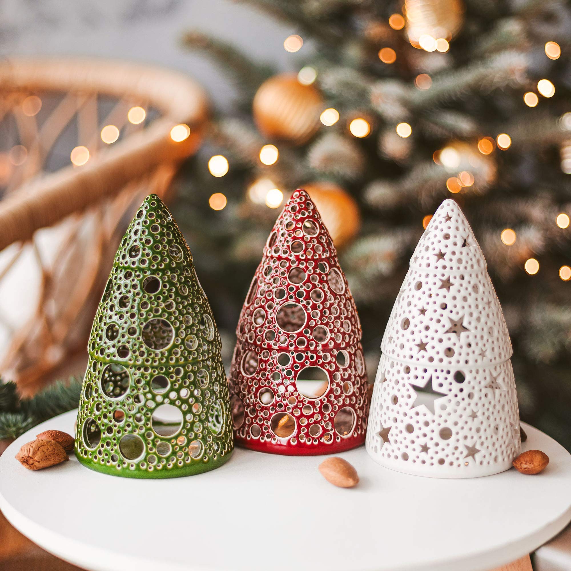 Handmade Red Christmas Tealight Holder - Ceramic Candle Lantern with Stars & Bubbles Design for Holiday Decor, Xmas Tabletop Centerpiece, Gift Idea (Perfect for Mantel Decor, Dinner Party Lighting, Winter Wedding Decorations)