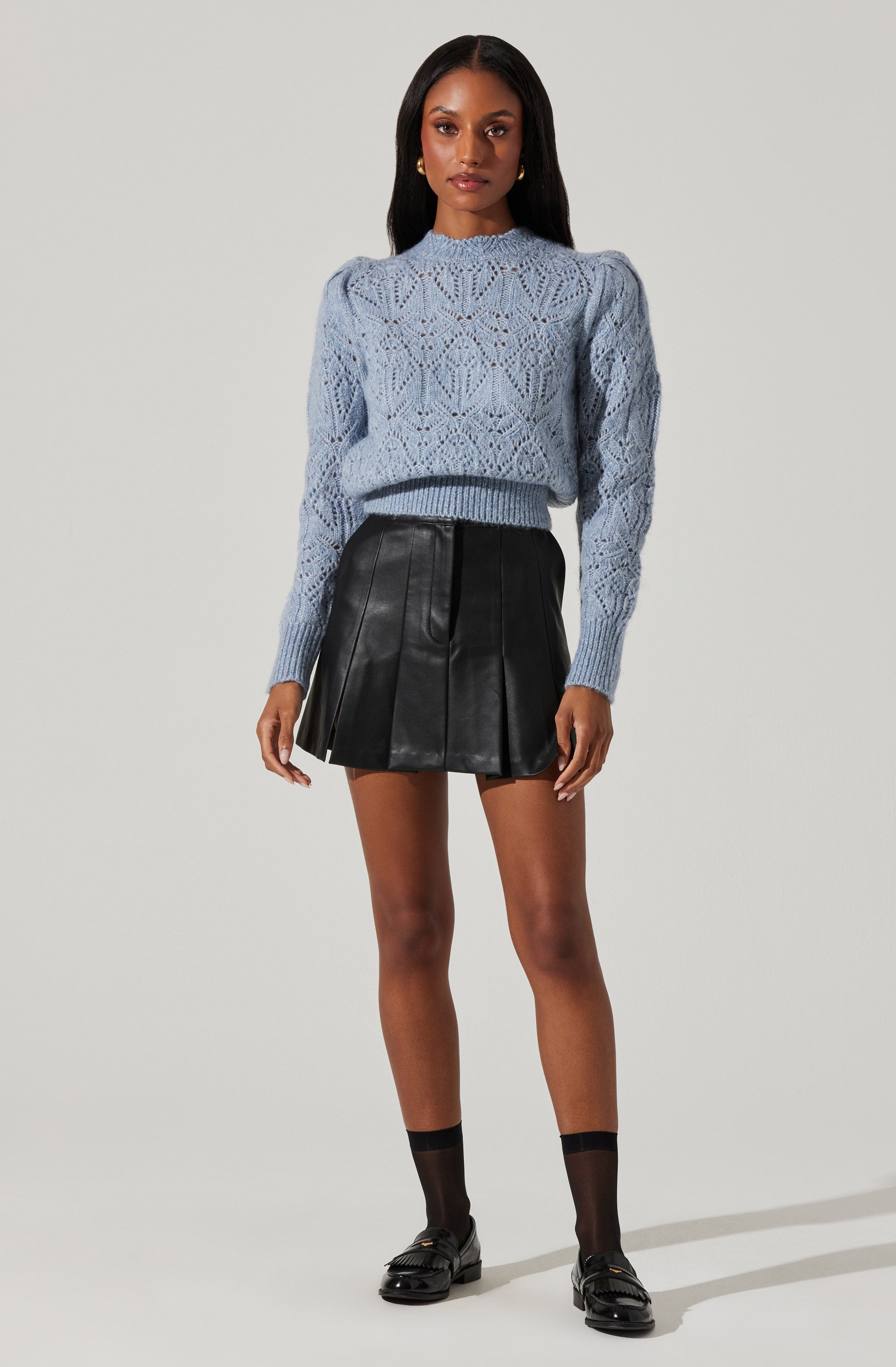 Evy Pointelle Puff Sleeve Sweater - Women's Knit Pullover with Lace Detailing for Fall & Winter | Cozy Office Wear & Casual Outfits