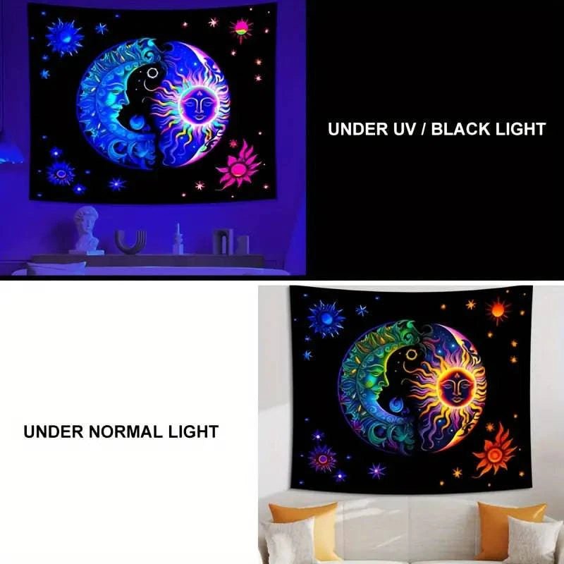 Sun Moon Official Glow in the Dark UV Tapestry Wall Art - Celestial Decor for Bedroom, Dorm Room & Meditation Space