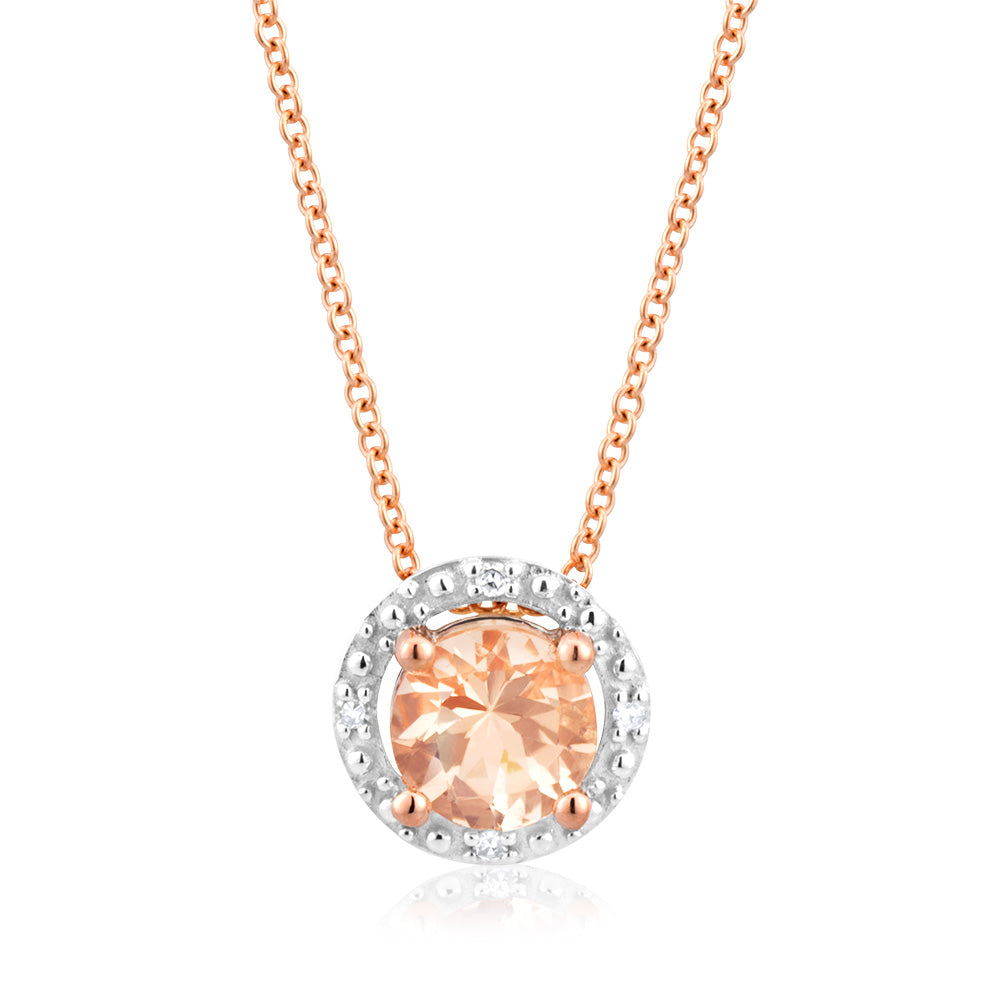 9ct Rose Gold Morganite & Diamond Halo Pendant Necklace - 45cm Adjustable Chain for Women, Perfect for Valentine's Day Gift, Anniversary & Special Occasions