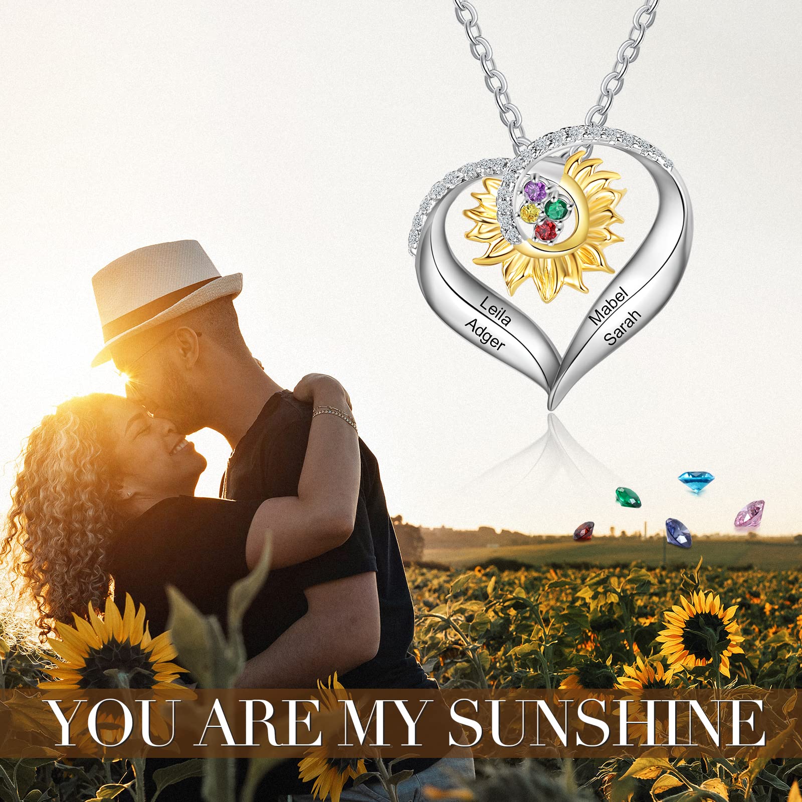 Personalized Sunflower Heart Necklace for Women - Custom Name & Birthstone Jewelry - Mother's Day Gift for Mom, Wife, Grandmother - Perfect for Birthdays, Anniversaries & Special Occasions