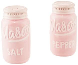 Goodscious Pink Mason Jar Salt and Pepper Shakers Set - Ceramic Kitchen Seasoning Shakers - Vintage Farmhouse Decor for Kitchen & Dining - Rustic Home Accessories - Perfect for Cooking, Baking & Gifting (2-Piece)