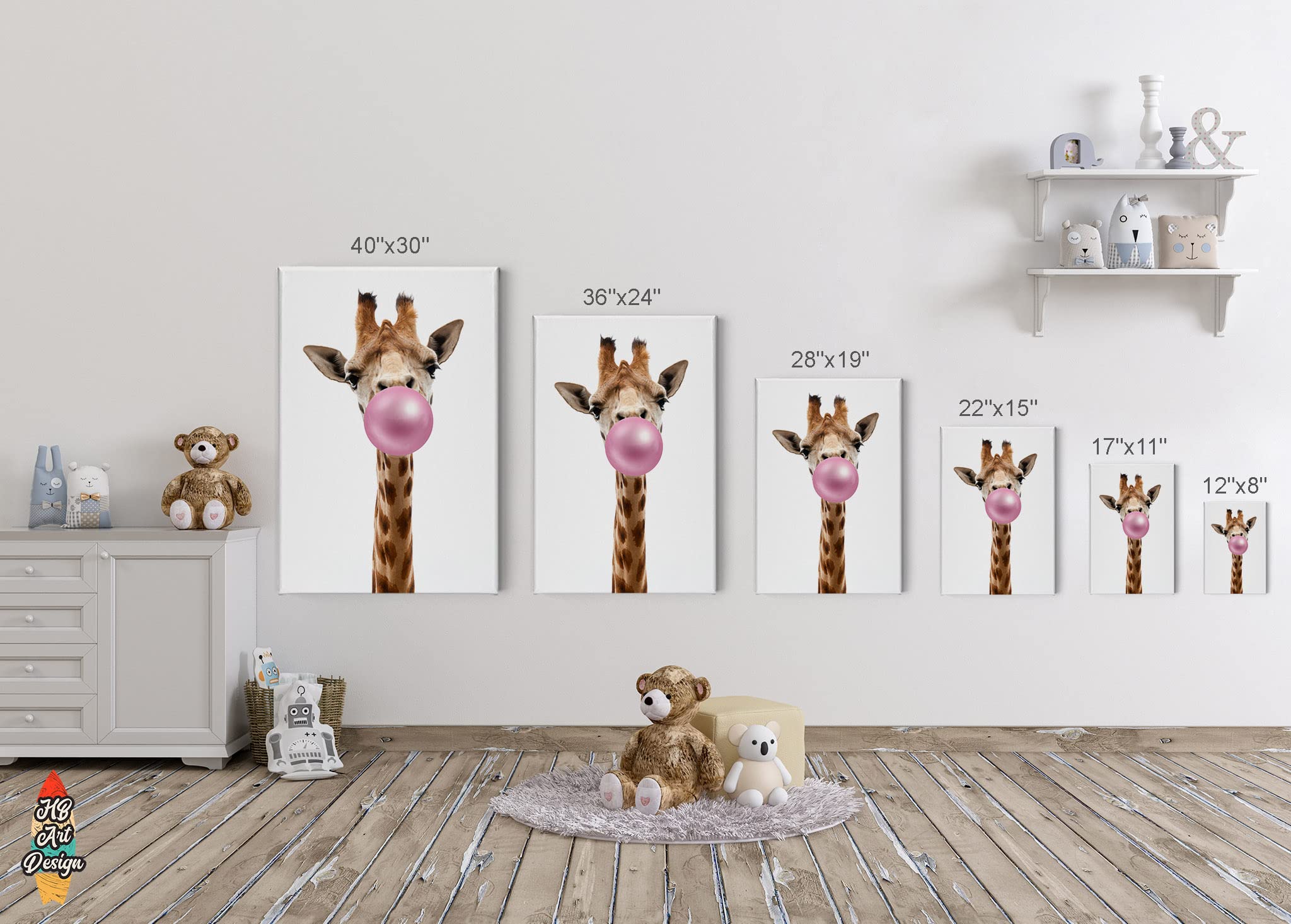 HB Art Design Giraffe Chewing Pink Bubble Gum Pop Art Animal Canvas Wall Art Print - African Safari Wildlife Decor for Living Room, Office, Nursery (36x24) - Perfect for Kids Bedroom & Modern Home Decor