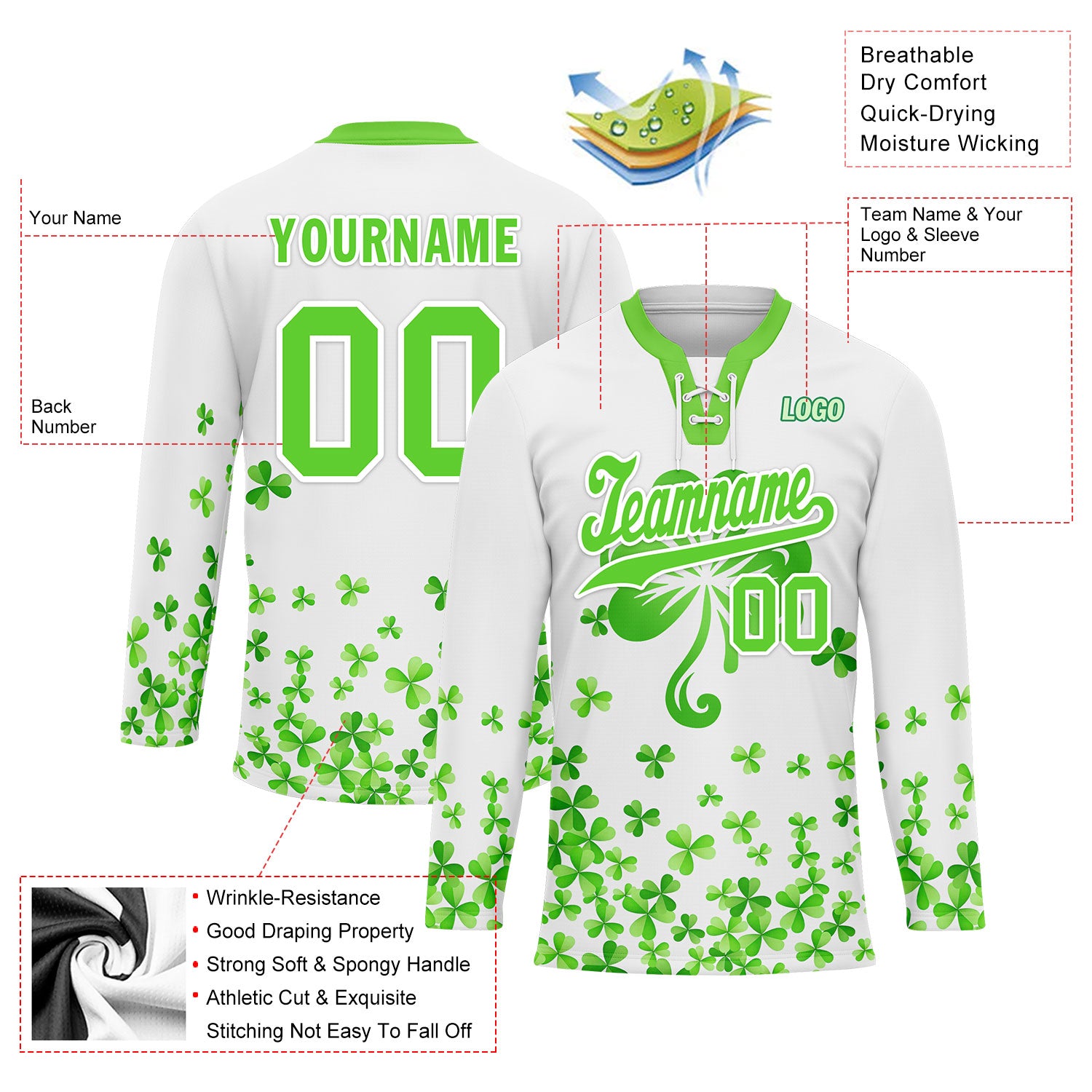 Custom Personalized Four Leaf Clover Hockey Jersey HCKJ01 E0615 - Perfect for Sports Games, Team Events & Fan Apparel Gifts