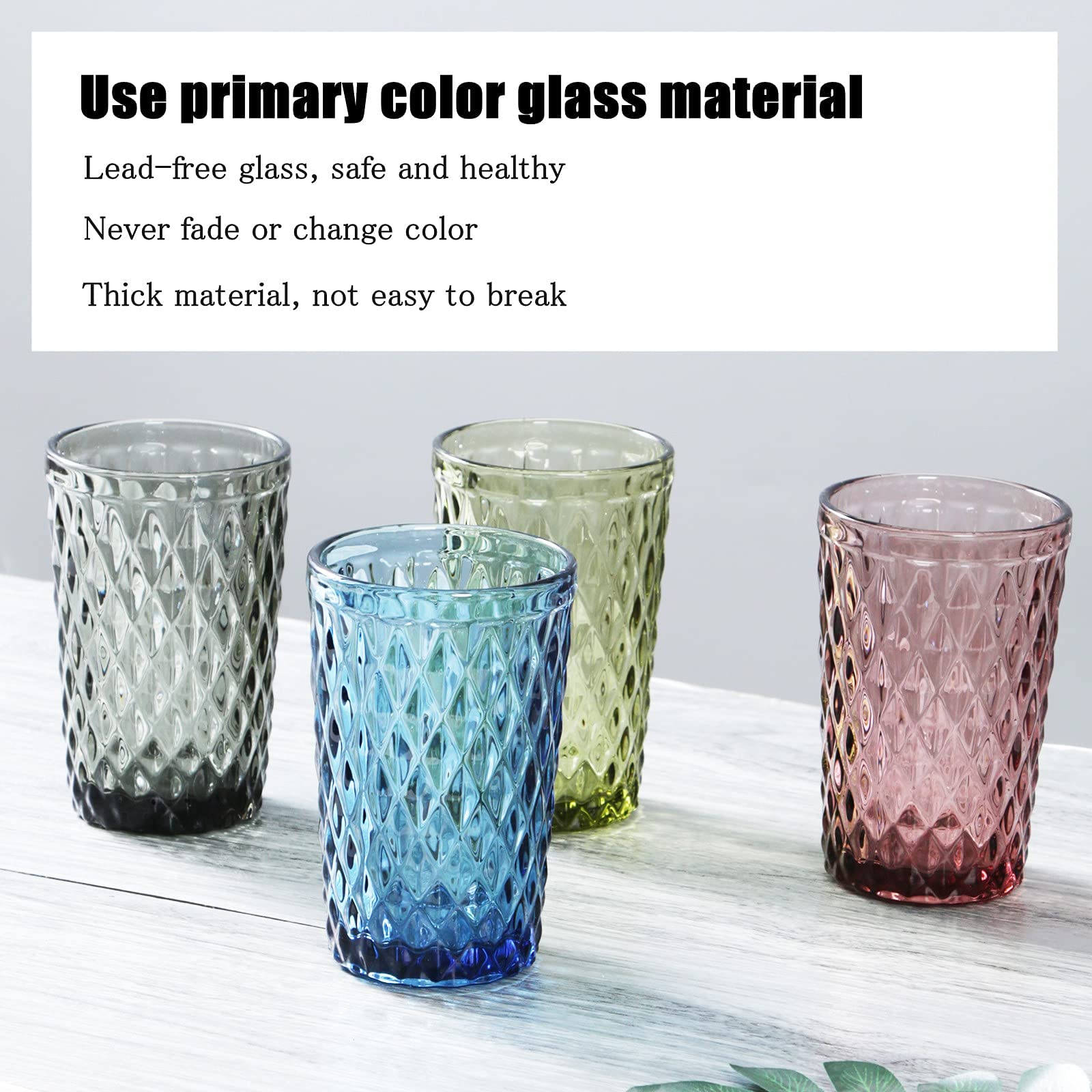 Bandesun 12 oz Blue Drinking Glass Set of 6 - Diamond Cut Tumbler Glasses for Water, Cocktail, Milk, Juice & Beverages | Durable Kitchen Glassware for Home, Bar, Restaurant & Party Use