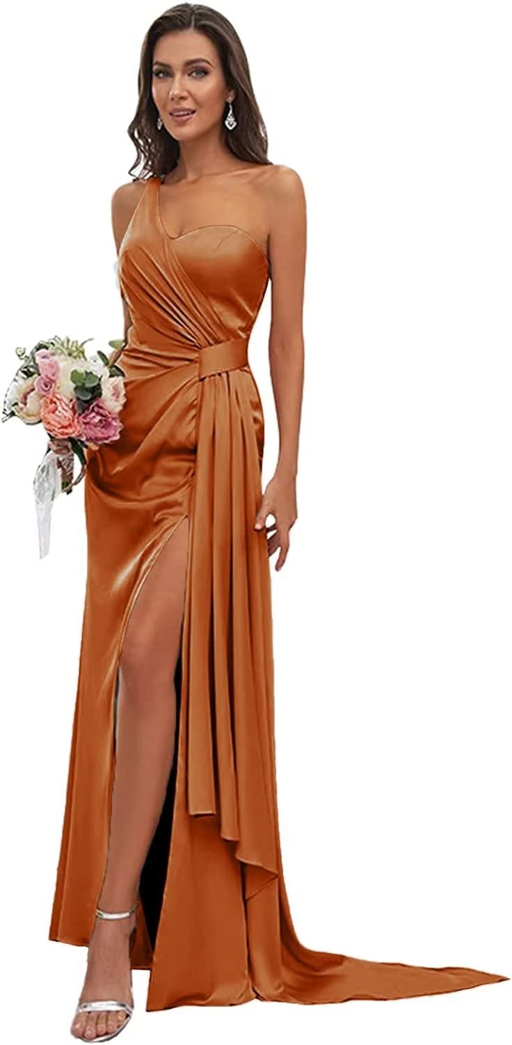 TORYEMY Women's One Shoulder Long Bridesmaid Dress with High Slit - Elegant Satin Pleated Formal Evening Gown for Weddings, Prom & Special Occasions