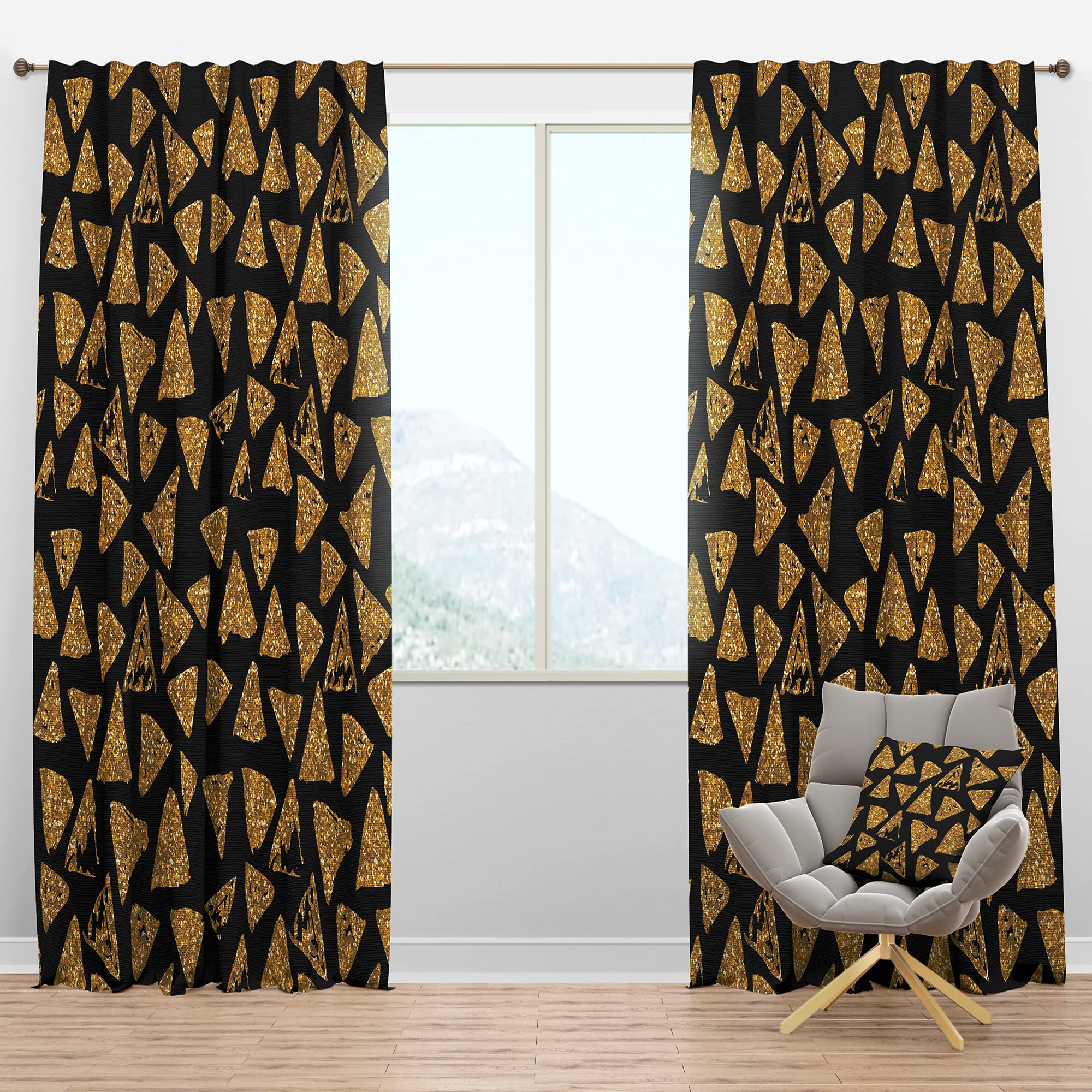 DesignQ Blackout Curtains - Golden Glitter Triangle Pattern on Black Thermal Insulated Drapes for Bedroom & Living Room (52x63, Single Panel) - Perfect for Light Blocking, Privacy & Energy Efficiency