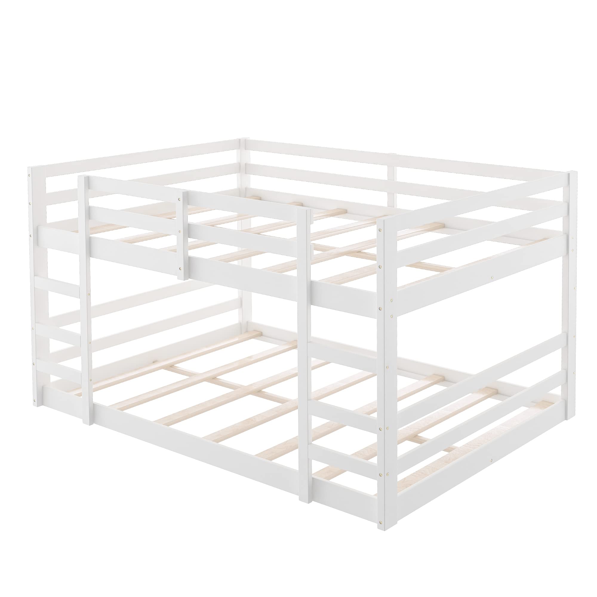 P PURLOVE Full Over Full Wooden Low Bunk Bed for Kids & Teens - Sturdy Low Loft Bed with Wood Slats Support (No Box Spring Needed) - Perfect for Small Bedrooms, Guest Rooms & Kids' Sleepovers