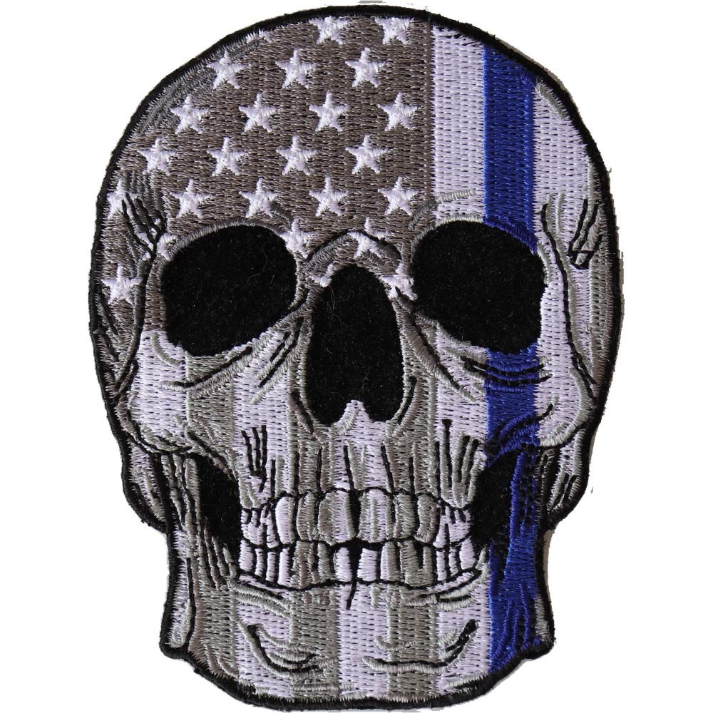 Blue Stripe American Flag Skull Police Patch - Embroidered Badge for Law Enforcement, Biker Vest & Military Uniform | Tactical Gear Accessory for Jackets, Hats & Backpacks