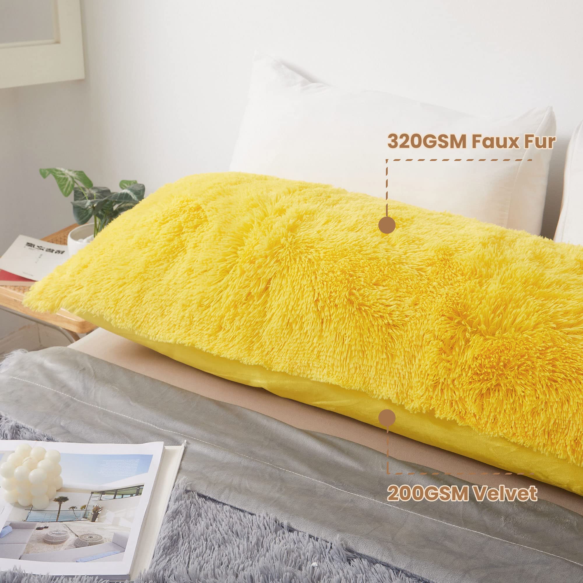 Luxury Fluffy Body Pillow Cover 20x54 Inches - Soft Shaggy Faux Fur Pillow Case with Zipper Closure - Plush Decorative Hug Pillow for Bedroom, Couch & Dorm - Yellow Furry Long Bed Pillow for Comfort & Style