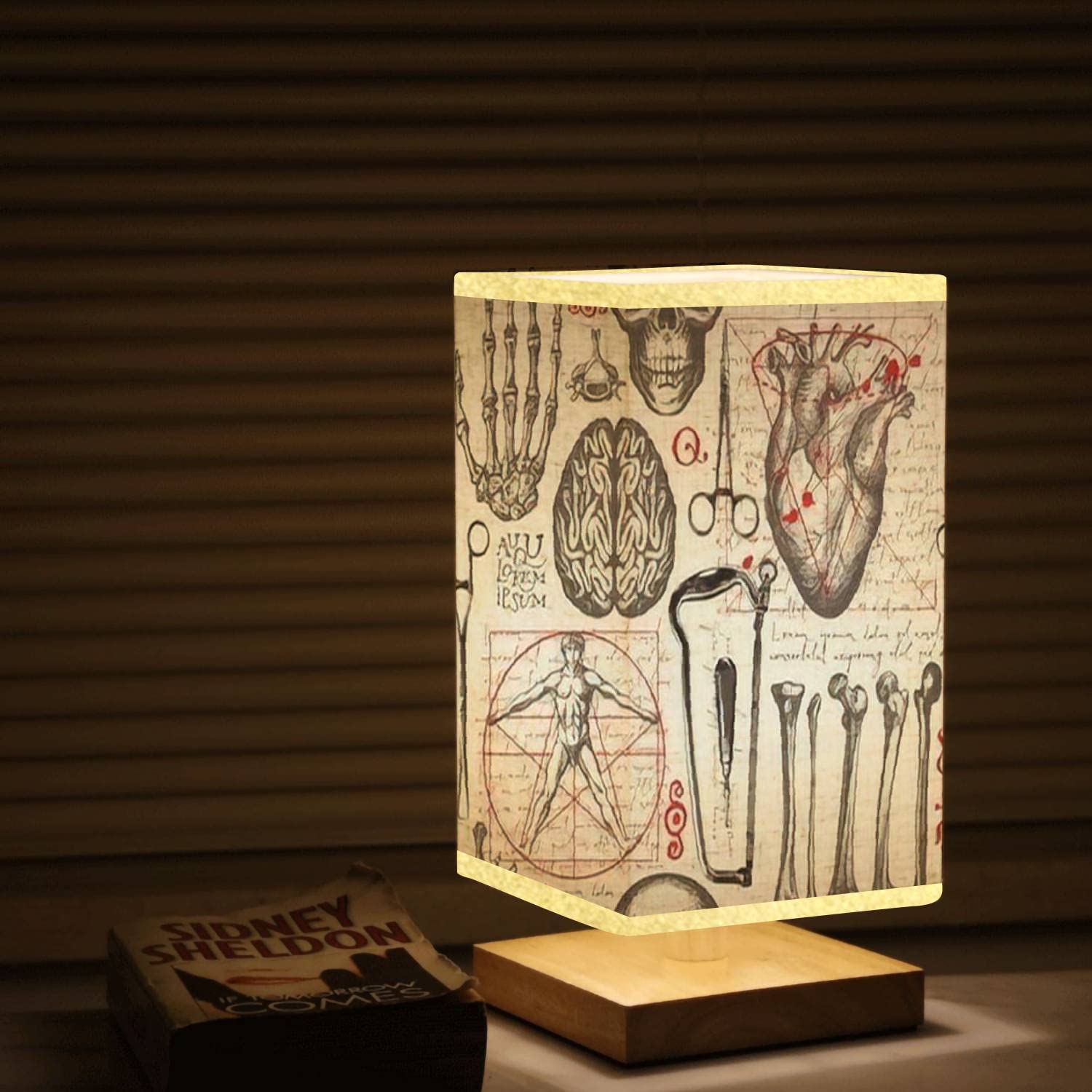 Hand-Painted Human Anatomy Table Lamp with Skull & Bones Design - Dimmable Nightstand Lamp with Wooden Base & Flaxen Fabric Shade for Bedroom, Living Room, Office - Perfect Gothic Decor & Study Lighting