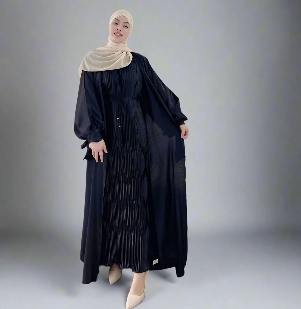 Gleam Open Cardigan Abaya with Pleated Inner Dress - Modest Muslim Fashion for Prayer, Eid & Special Occasions