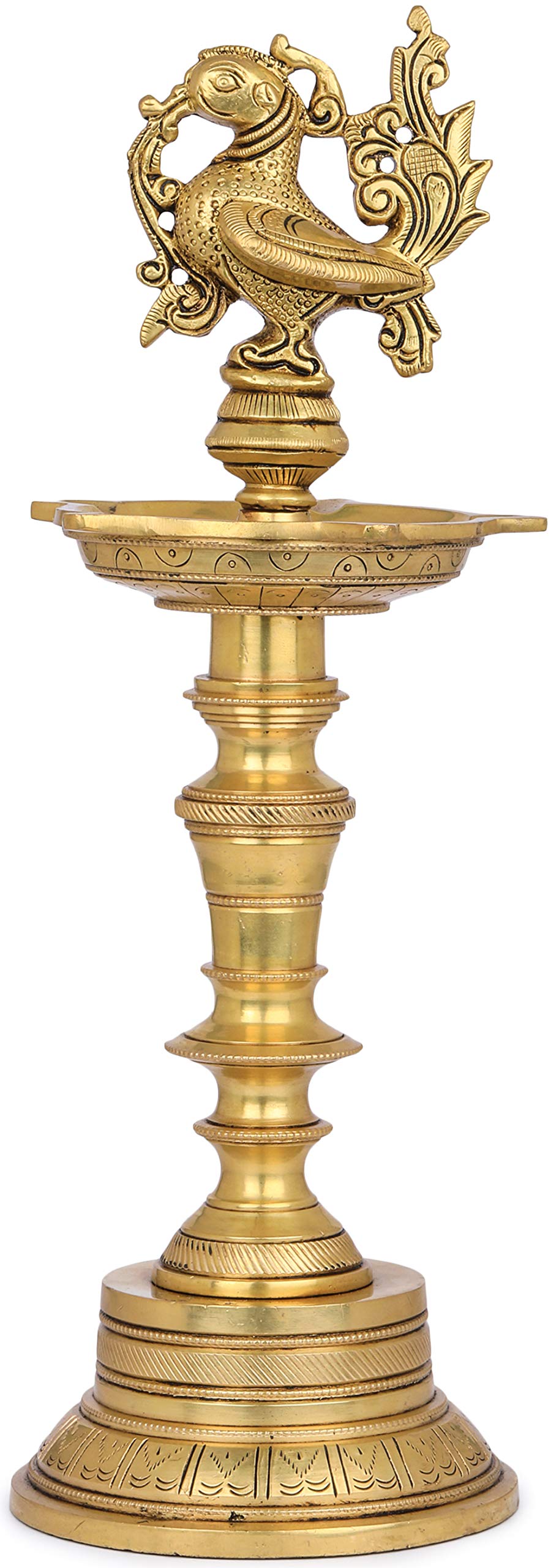 Exotic India Five Wicks Annam Lamp (Peacock Lamp) - Handcrafted Brass Statue for Home Decor, Meditation & Yoga Room, Pooja Altar - Traditional Indian Oil Lamp for Spiritual Ceremonies & Festivals