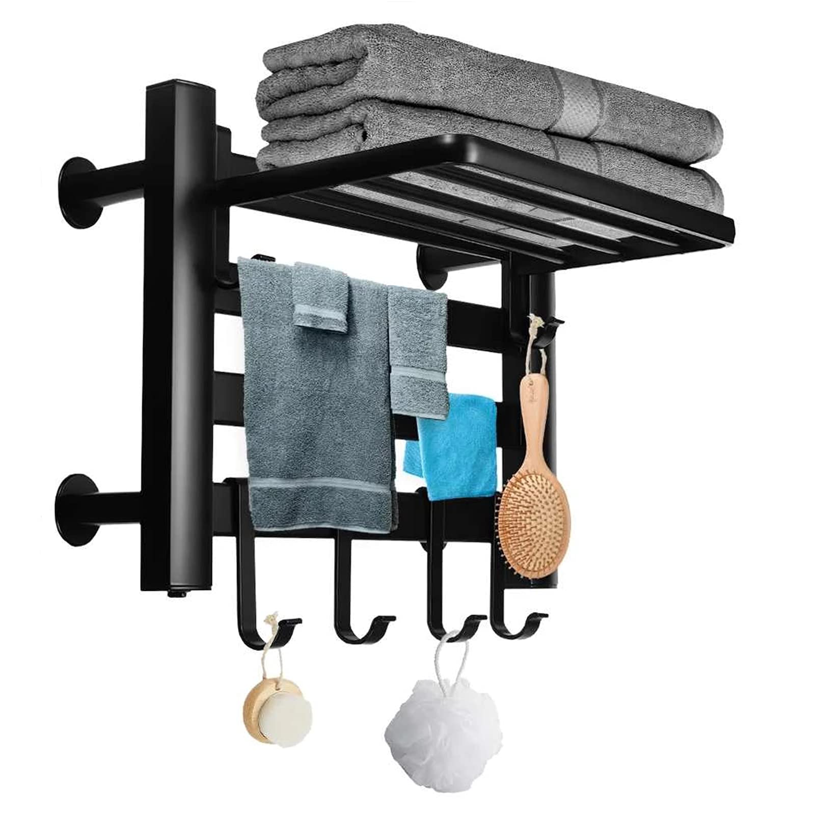 Electric Heated Towel Rack - Bathroom Towel Warmer & Drying Rack with Top Shelf - Space Saving Aluminum Heated Towel Rail with Removable Hooks - Hardwired Installation - Black - Perfect for Bathrooms, Spas & Luxury Homes