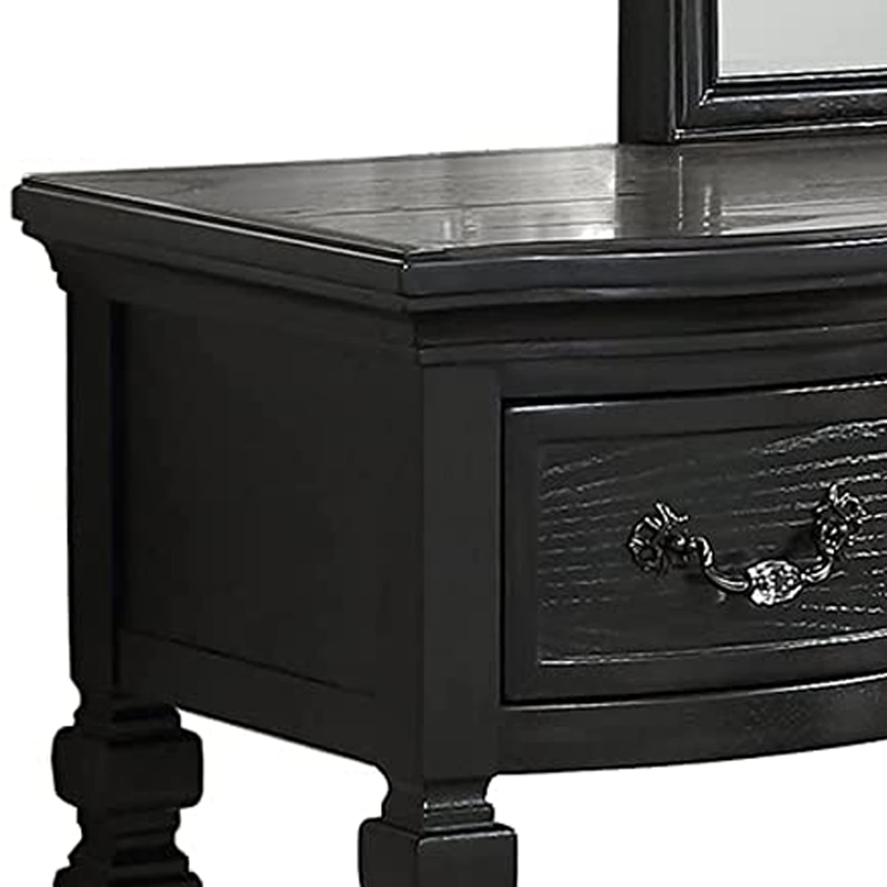 Benjara 3-Piece Vanity Set with Carved Mirror & Turned Legs - Black Bathroom Furniture for Makeup Dressing Table | Perfect for Bedroom, Bathroom & Boudoir Decor