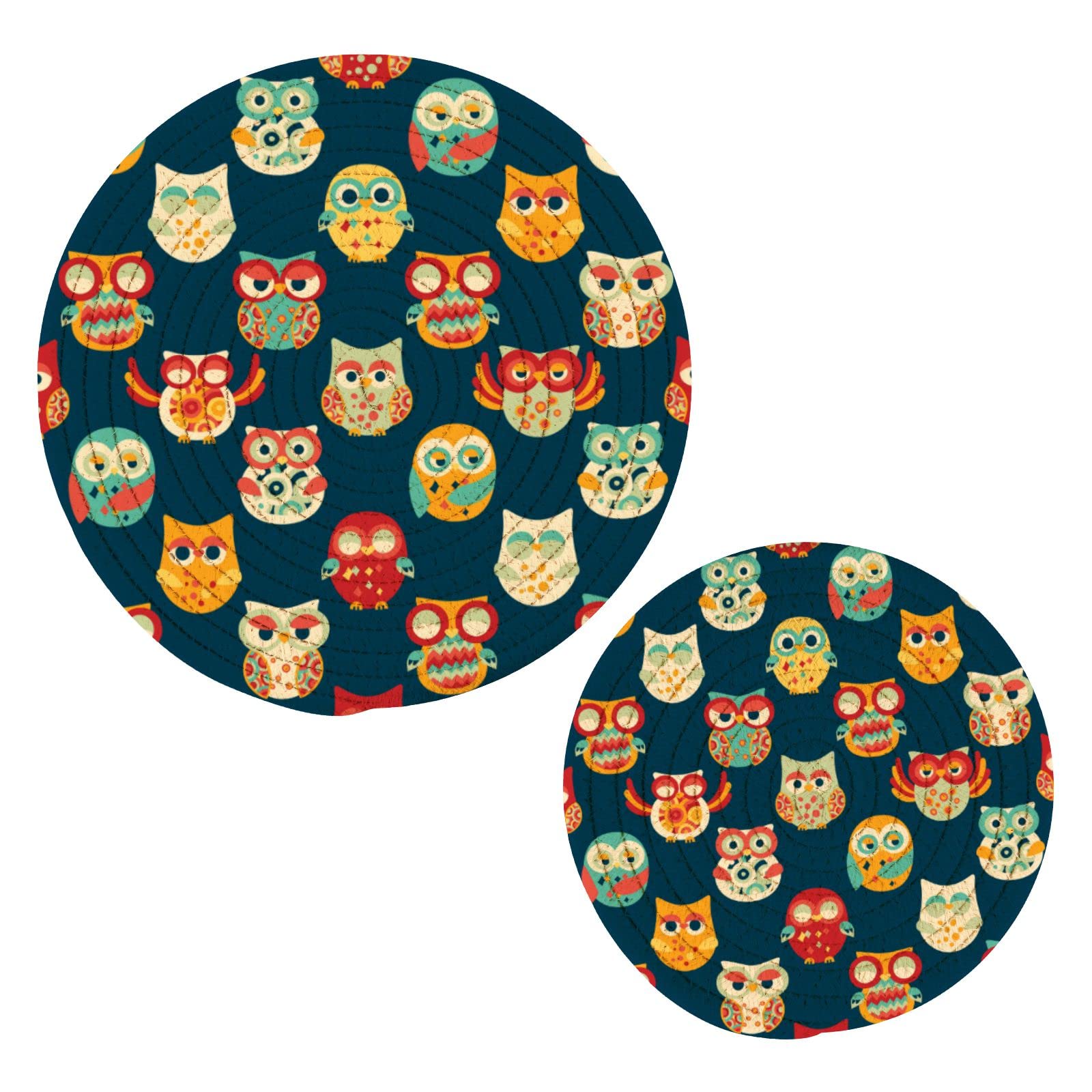 Vintage Owl Pot Holders Set of 2 - Heat Resistant Kitchen Potholders & Trivets for Hot Pans, Dishes, Bowls & Teapots - Handwoven Thread Coasters for Cooking, Baking & Kitchen Decor (Perfect for Holiday Gifts & Farmhouse Style Kitchens)