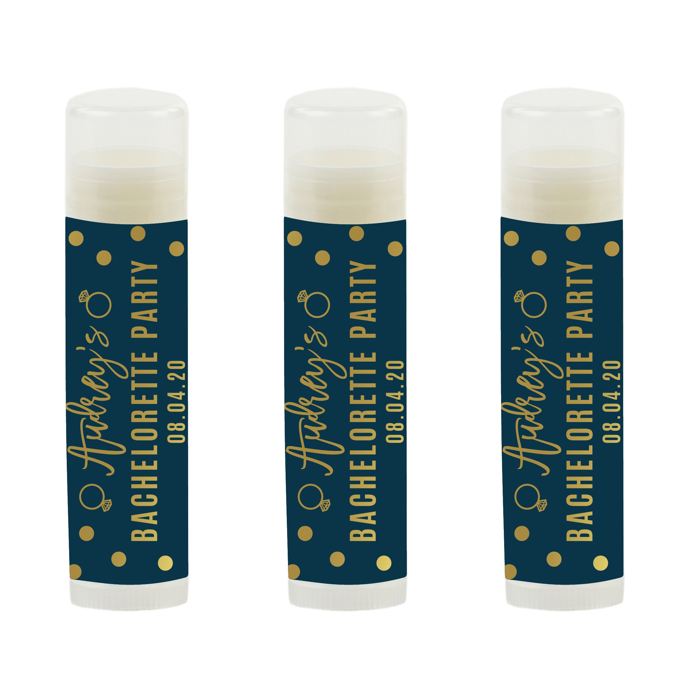 Personalized Lip Balm Favors - Navy Blue & Gold Confetti Polka Dot Design for Bachelorette Parties & Bridal Showers | 12-Pack Audrey's Bachelorette Collection | Perfect Wedding Favors, Bridesmaid Gifts & Party Decor