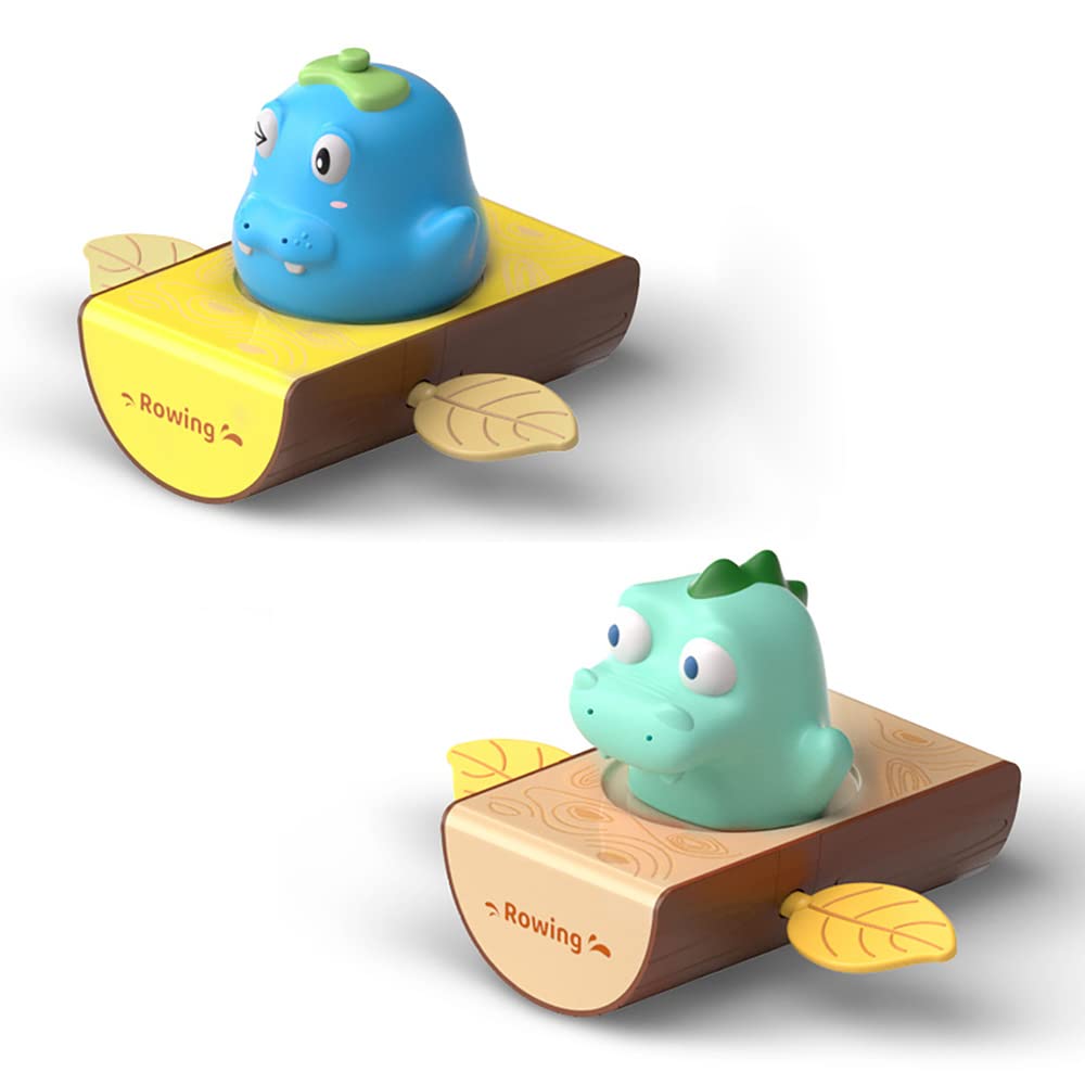 2PCS Wind-Up Raft Bath Toys for Kids - Blue Hippo & Dinosaur Floating Boat Toys with Spray Water Function - Fun Bathtub, Pool & Outdoor Water Play Toys for Toddlers & Children