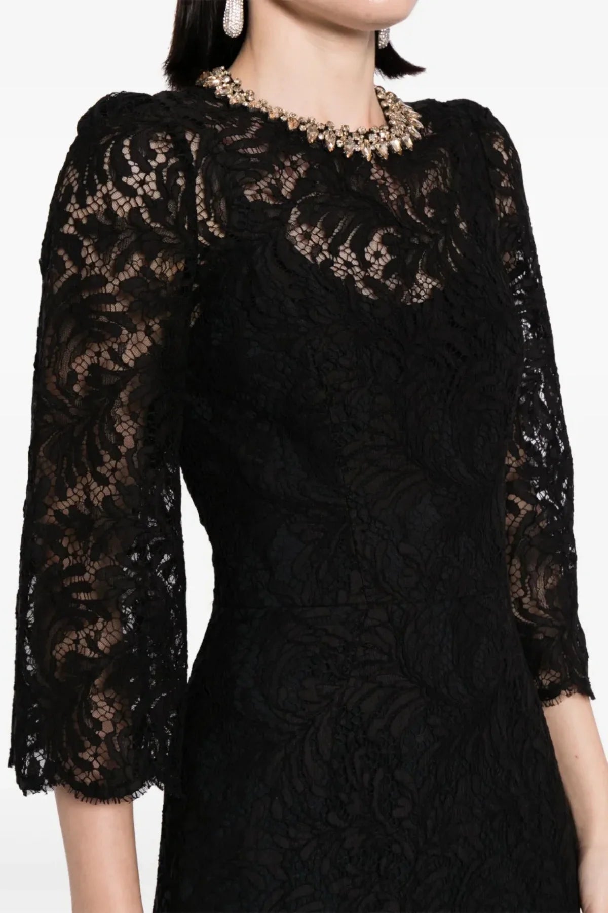 Elegant Black Lace Crystal Embellished Midi Dress for Women - Perfect for Evening Parties, Weddings & Special Occasions