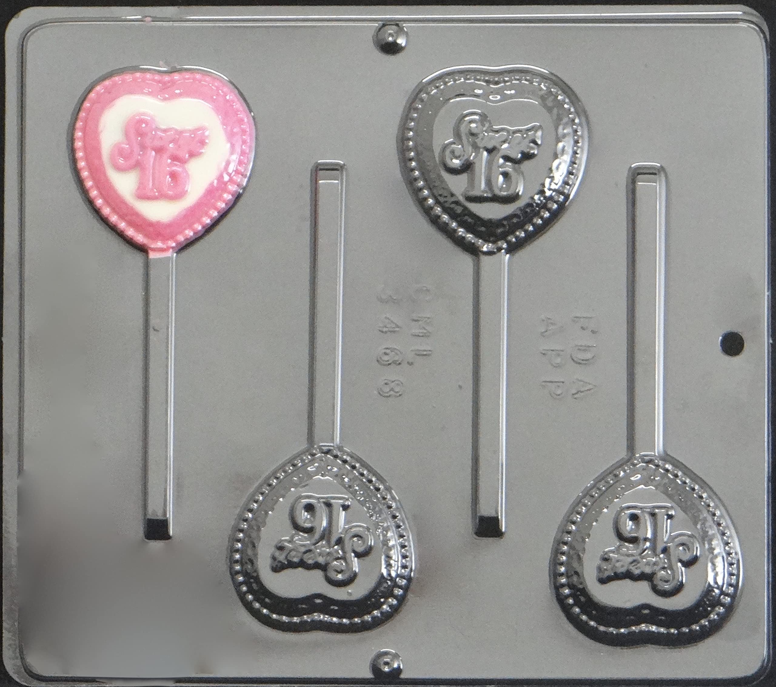 Sweet Sixteen Heart Lollipop Chocolate Candy Mold - 4 Cavity Silicone Baking Mold for DIY Candy Making, Valentine's Day Treats & Party Favors - Perfect for Birthday Parties, Wedding Favors, and Holiday Gifts