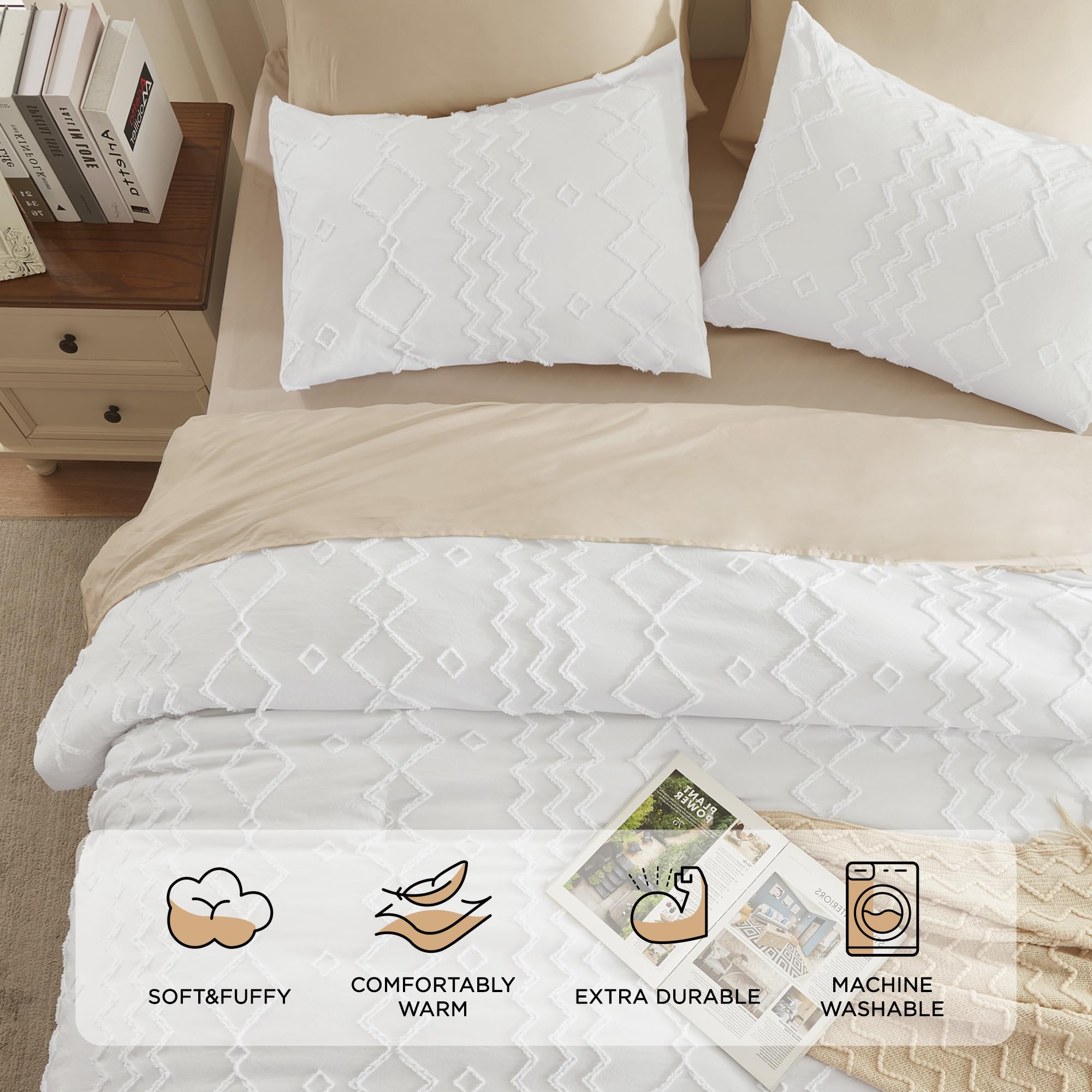 Luxury Andency White Tufted Comforter Set King Size (104x90 Inches) - 3 Piece Boho Farmhouse Bedding with Geometric Design | Soft Microfiber Down Alternative Duvet Cover & Pillowcases | Perfect for Master Bedroom, Guest Room & Cozy Farmhouse Decor