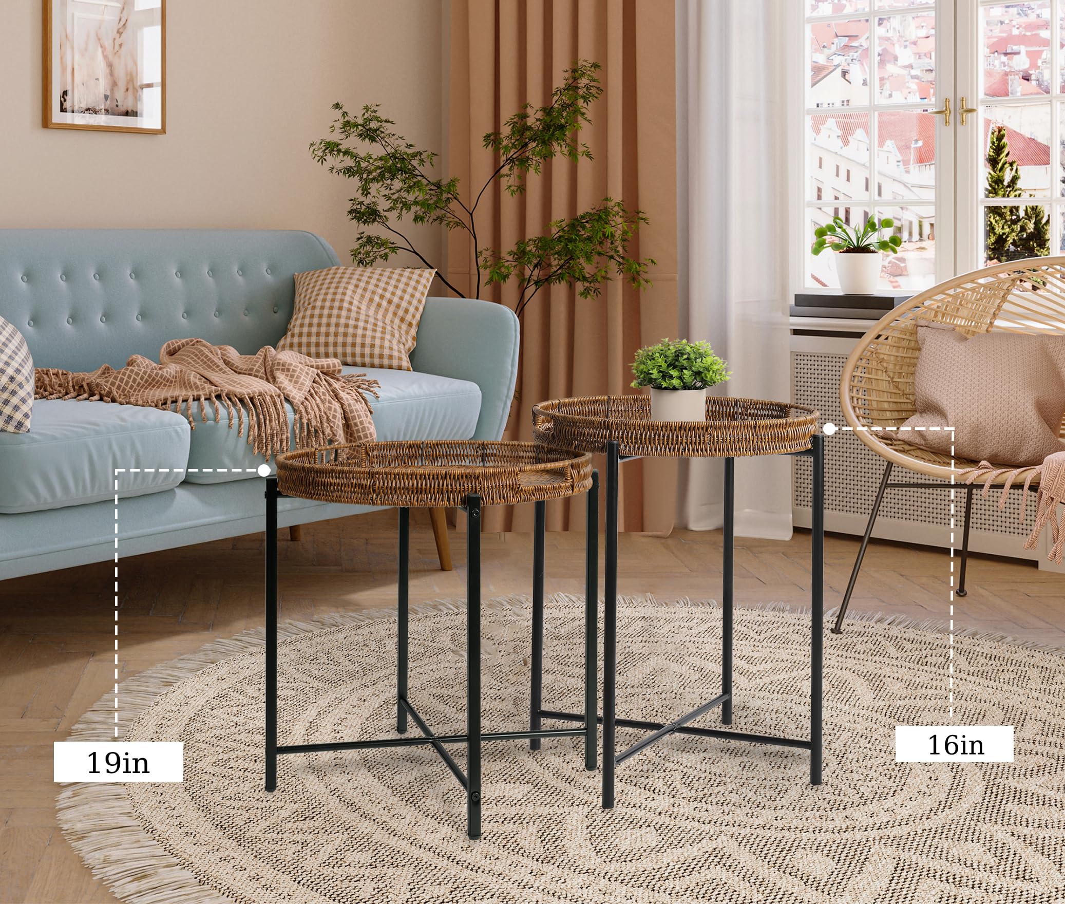 Brown Small Round Rattan End Table - 19 Inch Wicker Side Table for Sofa, Indoor & Outdoor Use - Perfect for Patio, Living Room, Bedroom, and Office Decor