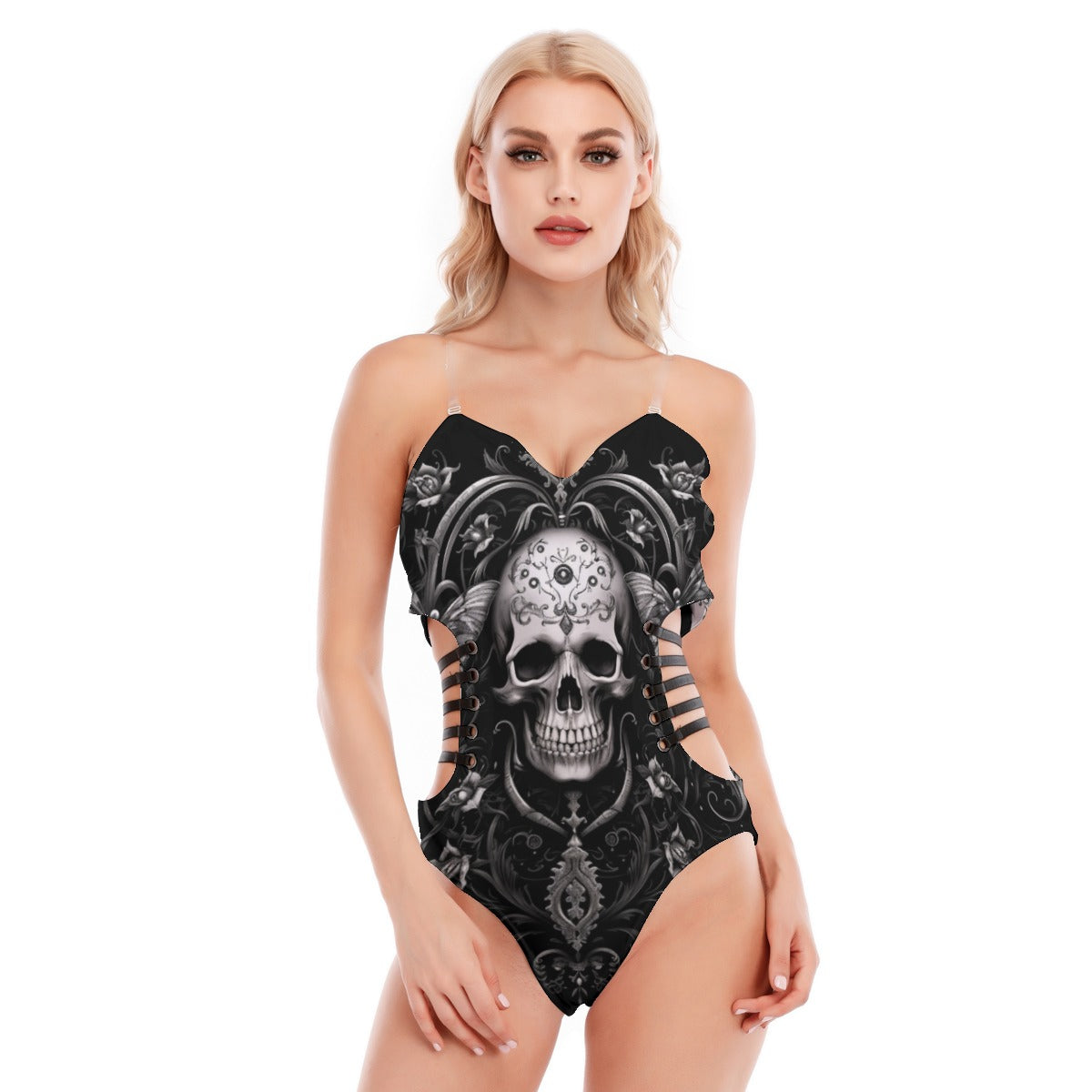 Goth Skull Tube Top Bodysuit with Black Side Straps - Edgy Gothic Fashion for Women, Halloween Costume, Rave Outfit & Alternative Streetwear